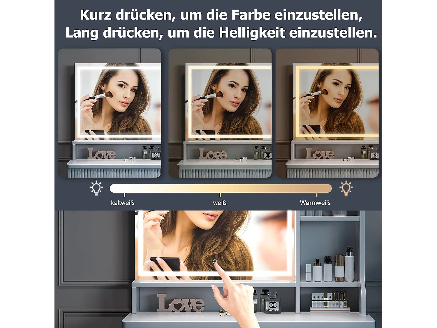 Dripex Toilette con Illuminazione e Specchio, 3 Colori con Luminosità Regolabile, 90x40x139 cm, Bianco