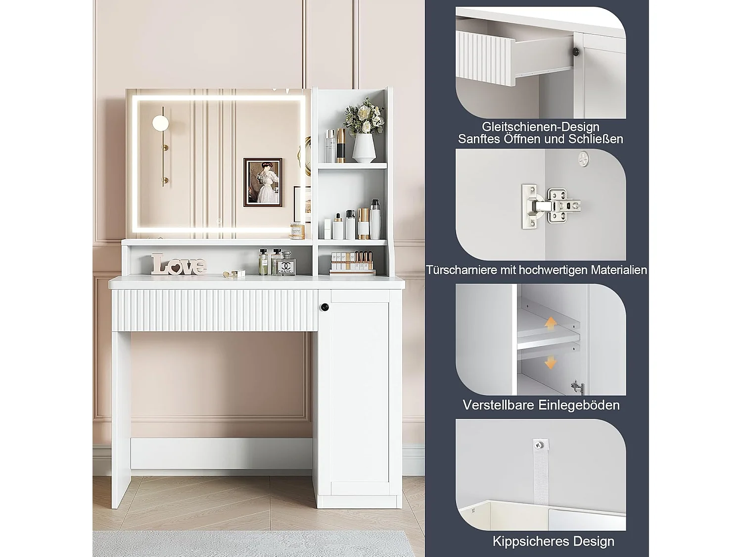 Dripex Toilette con Illuminazione e Specchio, 3 Colori con Luminosità Regolabile, 90x40x139 cm, Bianco