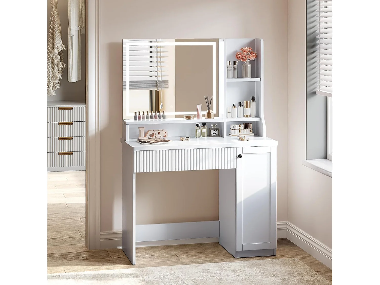 Dripex Toilette con Illuminazione e Specchio, 3 Colori con Luminosità Regolabile, 90x40x139 cm, Bianco