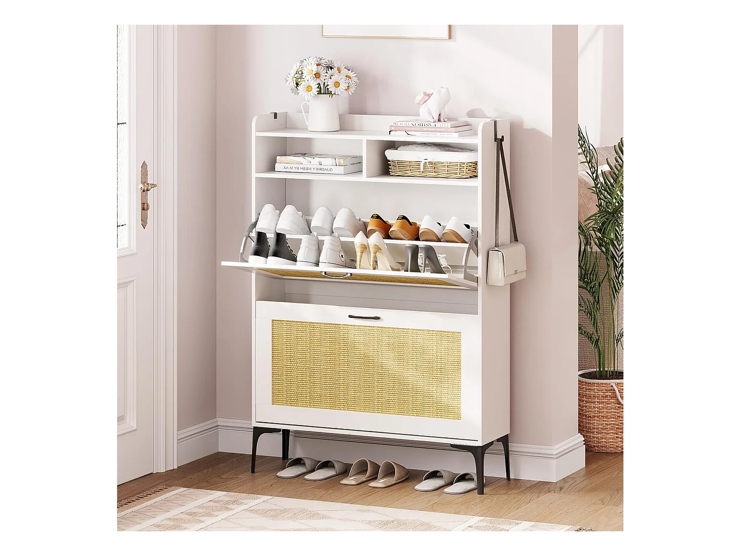 Armoire à chaussures Dripex avec décoration en rotin, dotée de 2 tiroirs à bascule et de pieds en métal, idéale pour entrée, couloir, salon , 24 x 80 x 114 cm