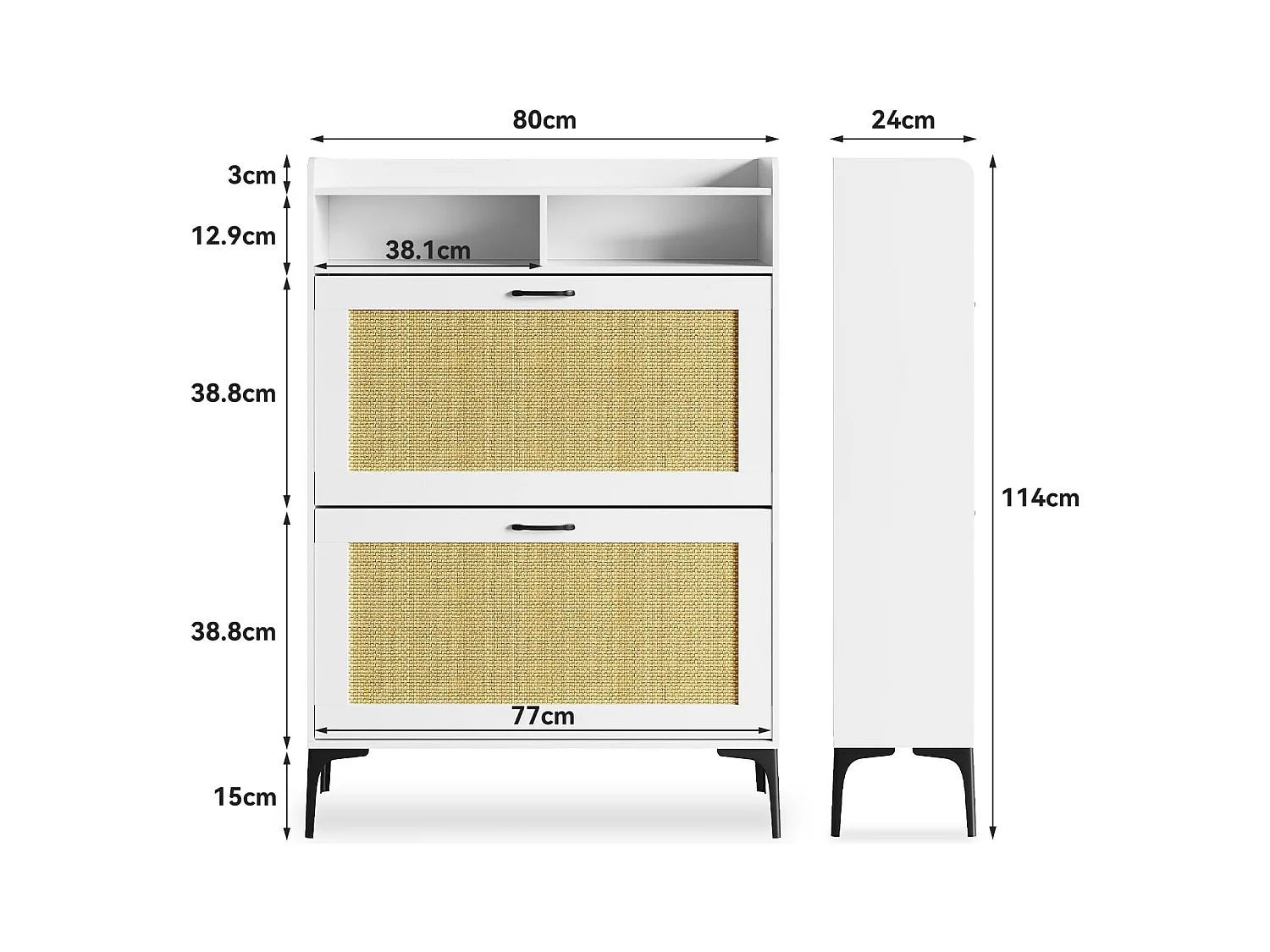 Armoire à chaussures Dripex avec décoration en rotin, dotée de 2 tiroirs à bascule et de pieds en métal, idéale pour entrée, couloir, salon , 24 x 80 x 114 cm