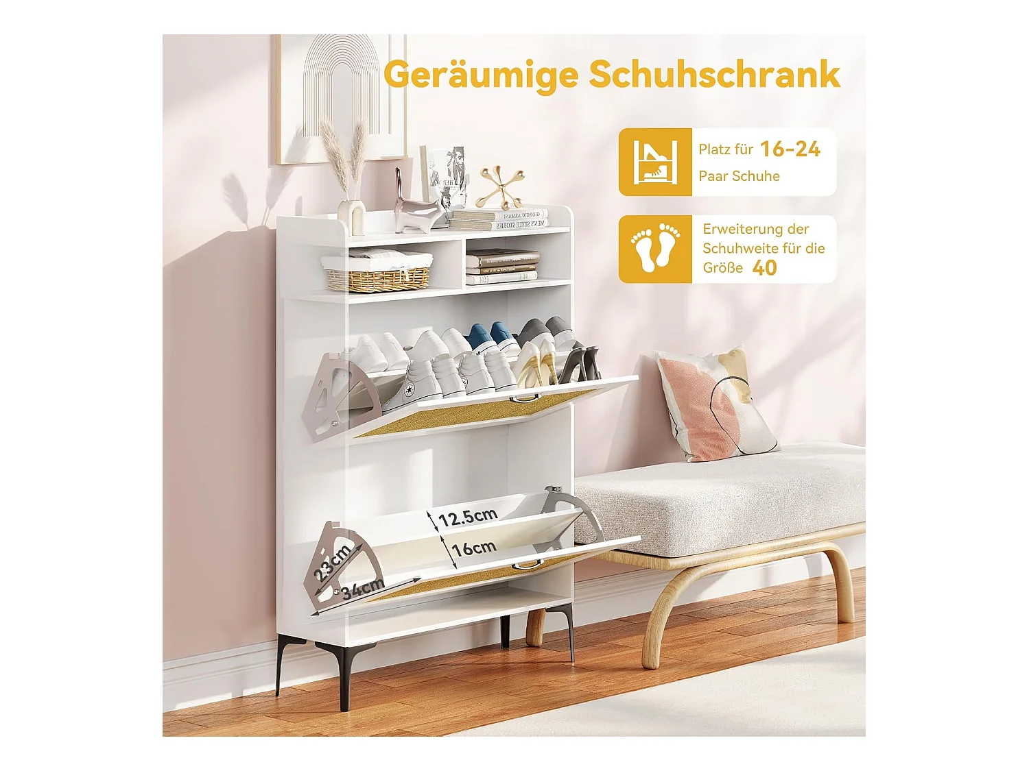 Armoire à chaussures Dripex avec décoration en rotin, dotée de 2 tiroirs à bascule et de pieds en métal, idéale pour entrée, couloir, salon , 24 x 80 x 114 cm