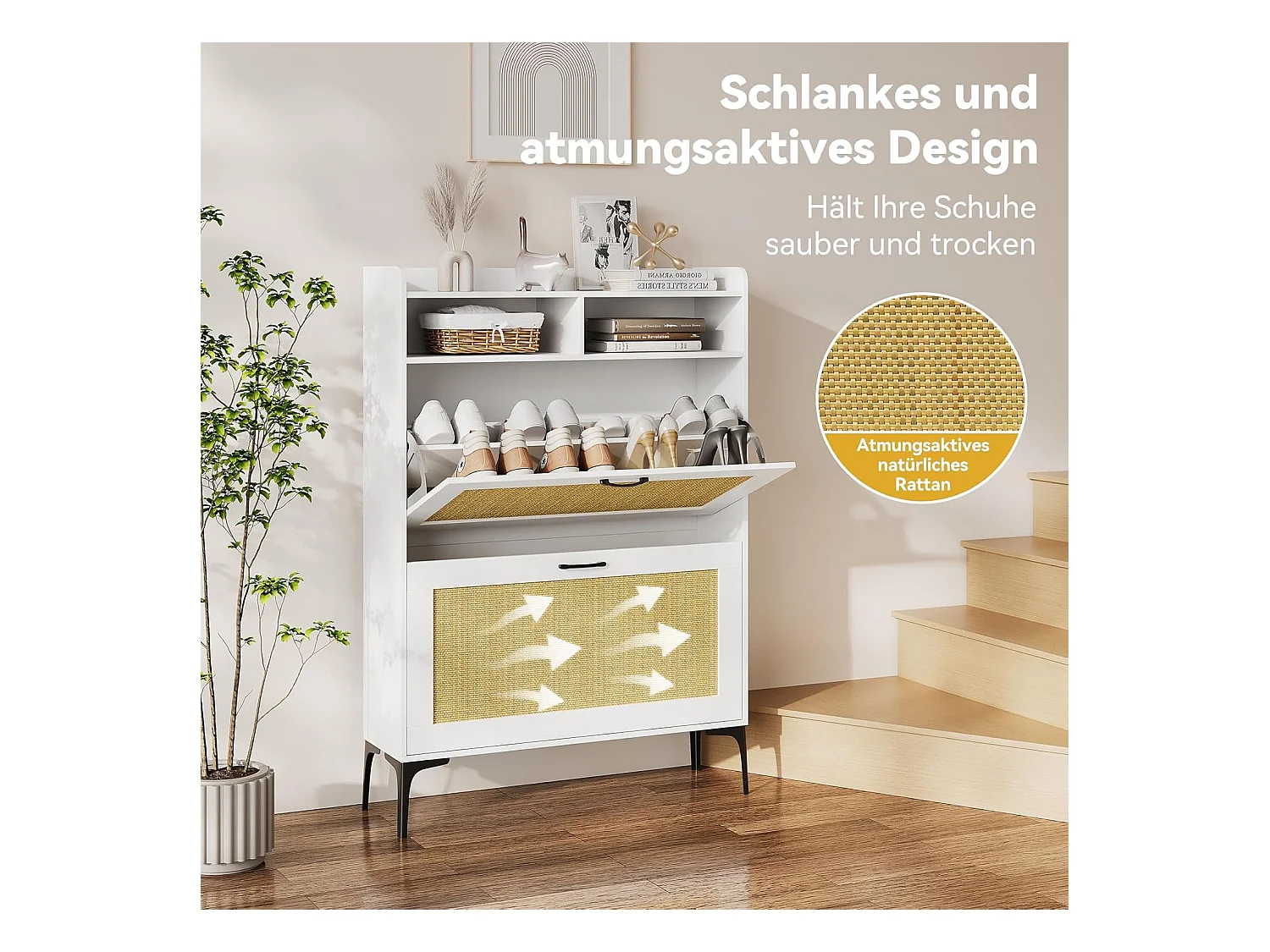 Armoire à chaussures Dripex avec décoration en rotin, dotée de 2 tiroirs à bascule et de pieds en métal, idéale pour entrée, couloir, salon , 24 x 80 x 114 cm