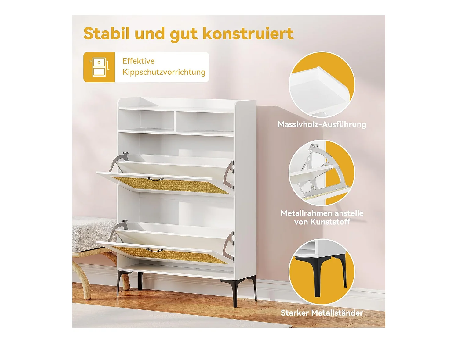 Armoire à chaussures Dripex avec décoration en rotin, dotée de 2 tiroirs à bascule et de pieds en métal, idéale pour entrée, couloir, salon , 24 x 80 x 114 cm