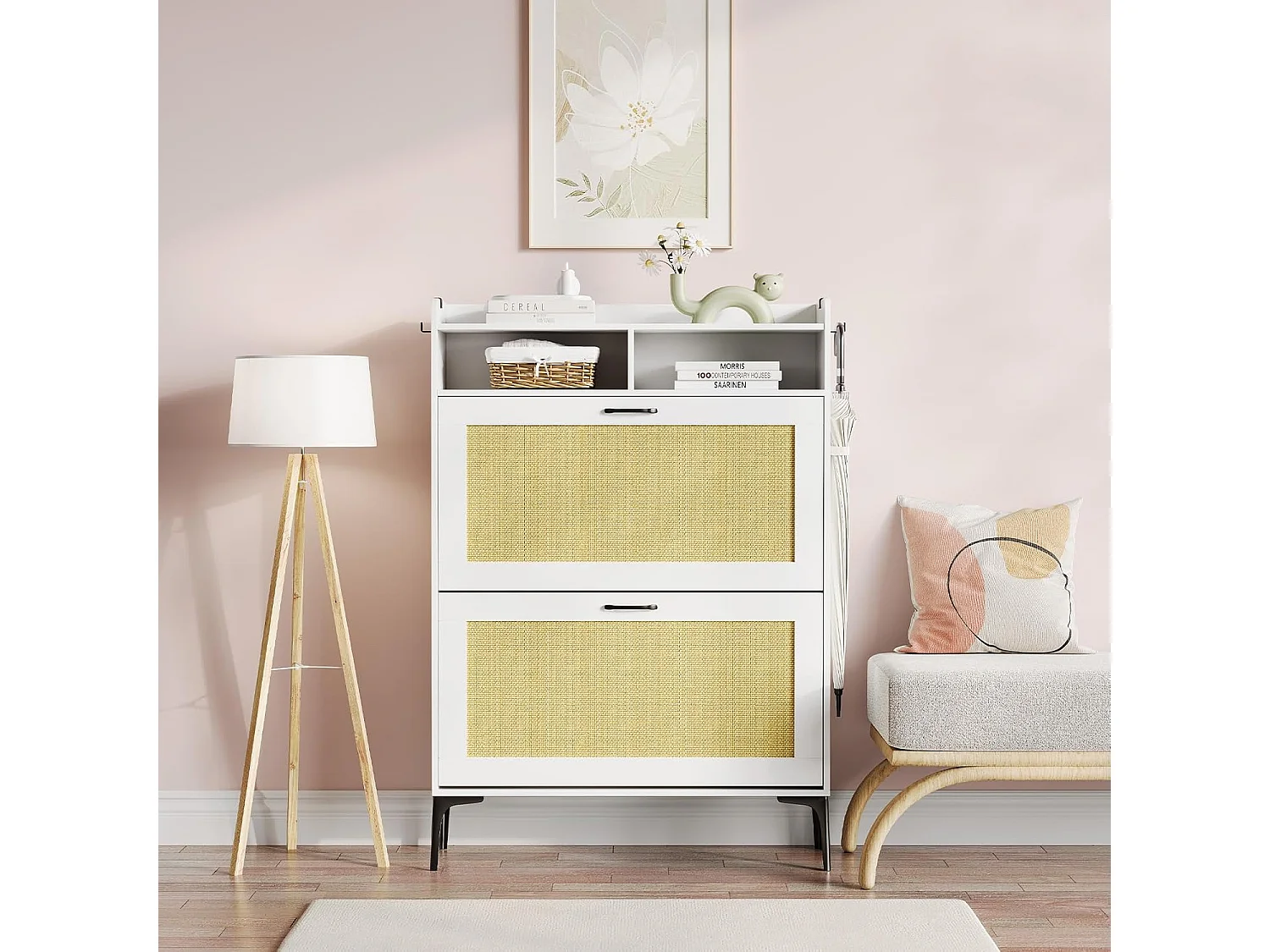 Armoire à chaussures Dripex avec décoration en rotin, dotée de 2 tiroirs à bascule et de pieds en métal, idéale pour entrée, couloir, salon , 24 x 80 x 114 cm