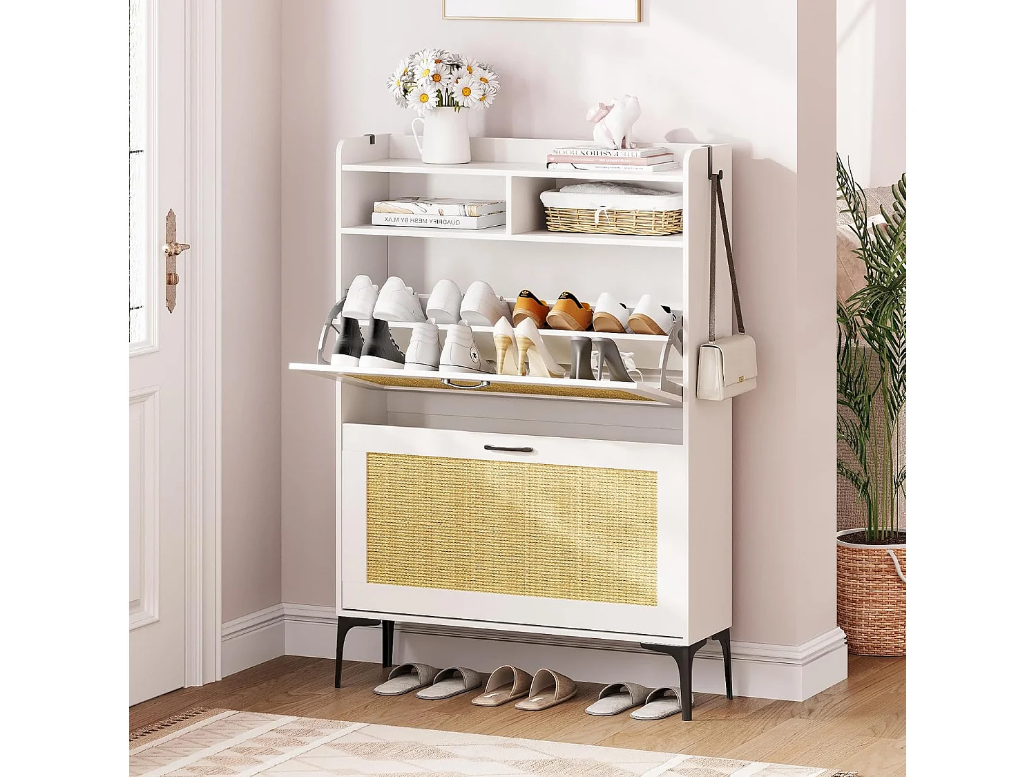 Armoire à chaussures Dripex avec décoration en rotin, dotée de 2 tiroirs à bascule et de pieds en métal, idéale pour entrée, couloir, salon , 24 x 80 x 114 cm