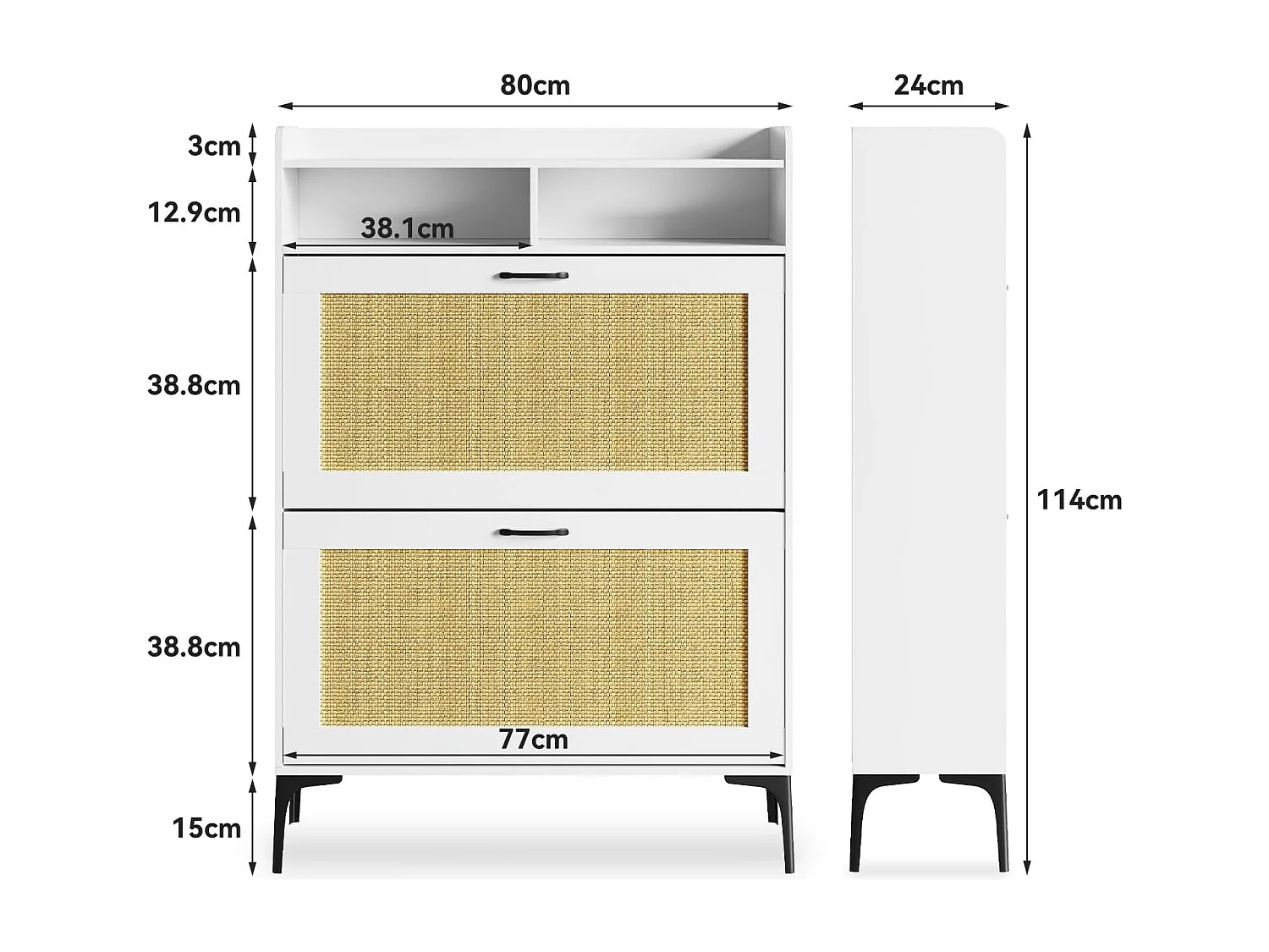 Armoire à chaussures Dripex avec décoration en rotin, dotée de 2 tiroirs à bascule et de pieds en métal, idéale pour entrée, couloir, salon , 24 x 80 x 114 cm