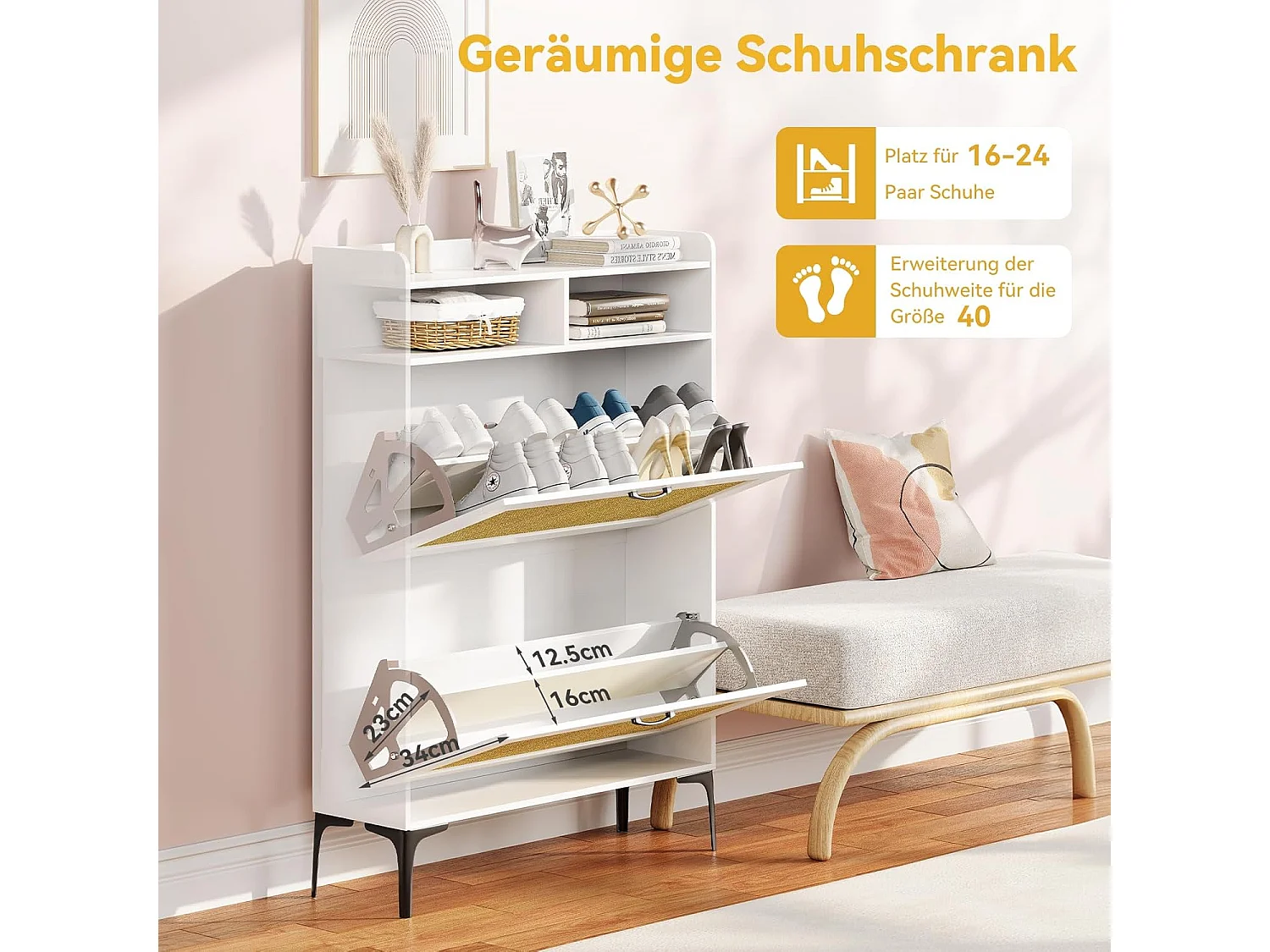 Armoire à chaussures Dripex avec décoration en rotin, dotée de 2 tiroirs à bascule et de pieds en métal, idéale pour entrée, couloir, salon , 24 x 80 x 114 cm