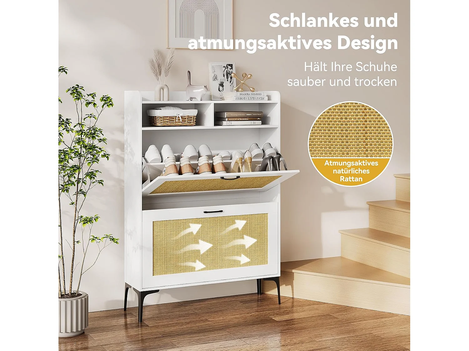 Armoire à chaussures Dripex avec décoration en rotin, dotée de 2 tiroirs à bascule et de pieds en métal, idéale pour entrée, couloir, salon , 24 x 80 x 114 cm