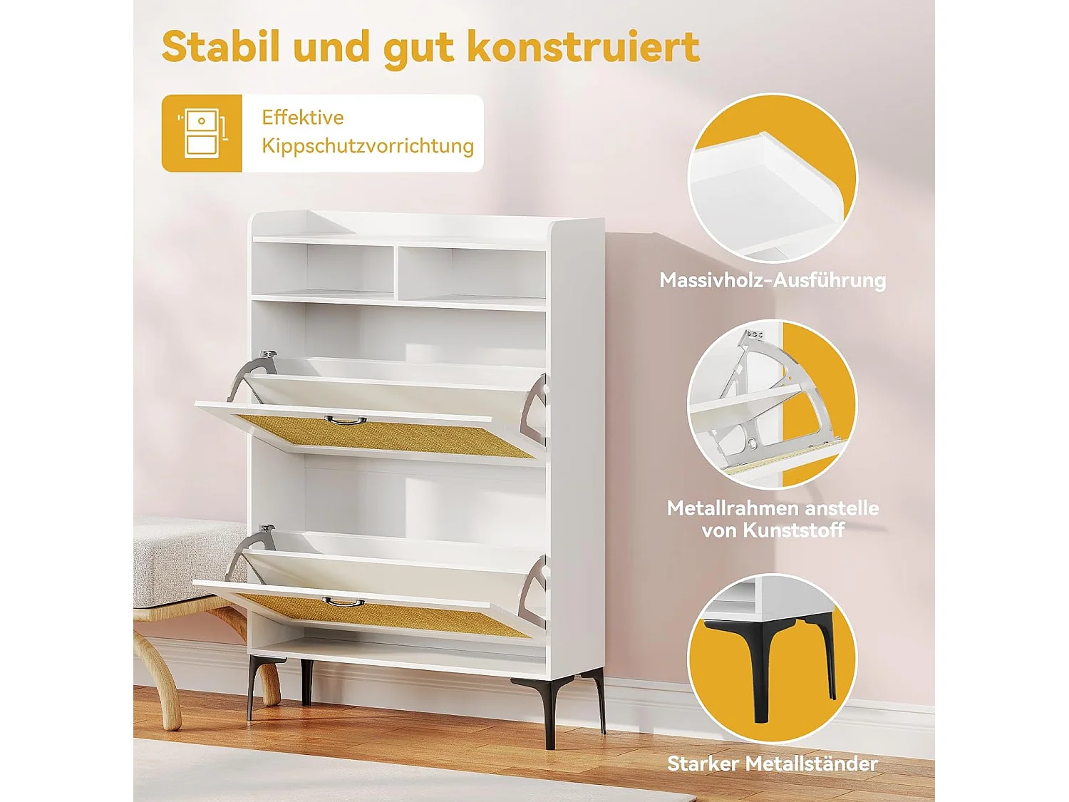 Armoire à chaussures Dripex avec décoration en rotin, dotée de 2 tiroirs à bascule et de pieds en métal, idéale pour entrée, couloir, salon , 24 x 80 x 114 cm