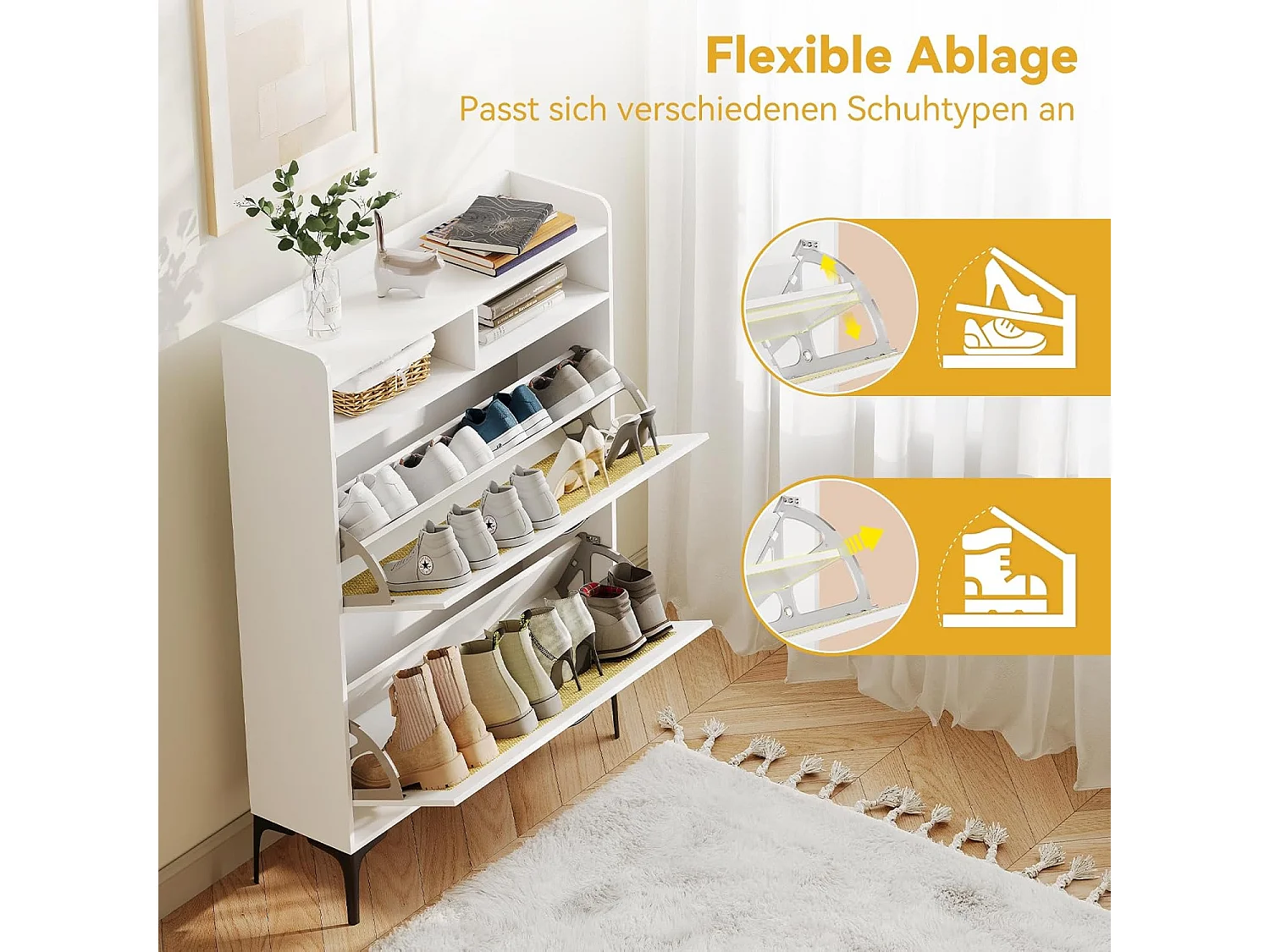 Armoire à chaussures Dripex avec décoration en rotin, dotée de 2 tiroirs à bascule et de pieds en métal, idéale pour entrée, couloir, salon , 24 x 80 x 114 cm