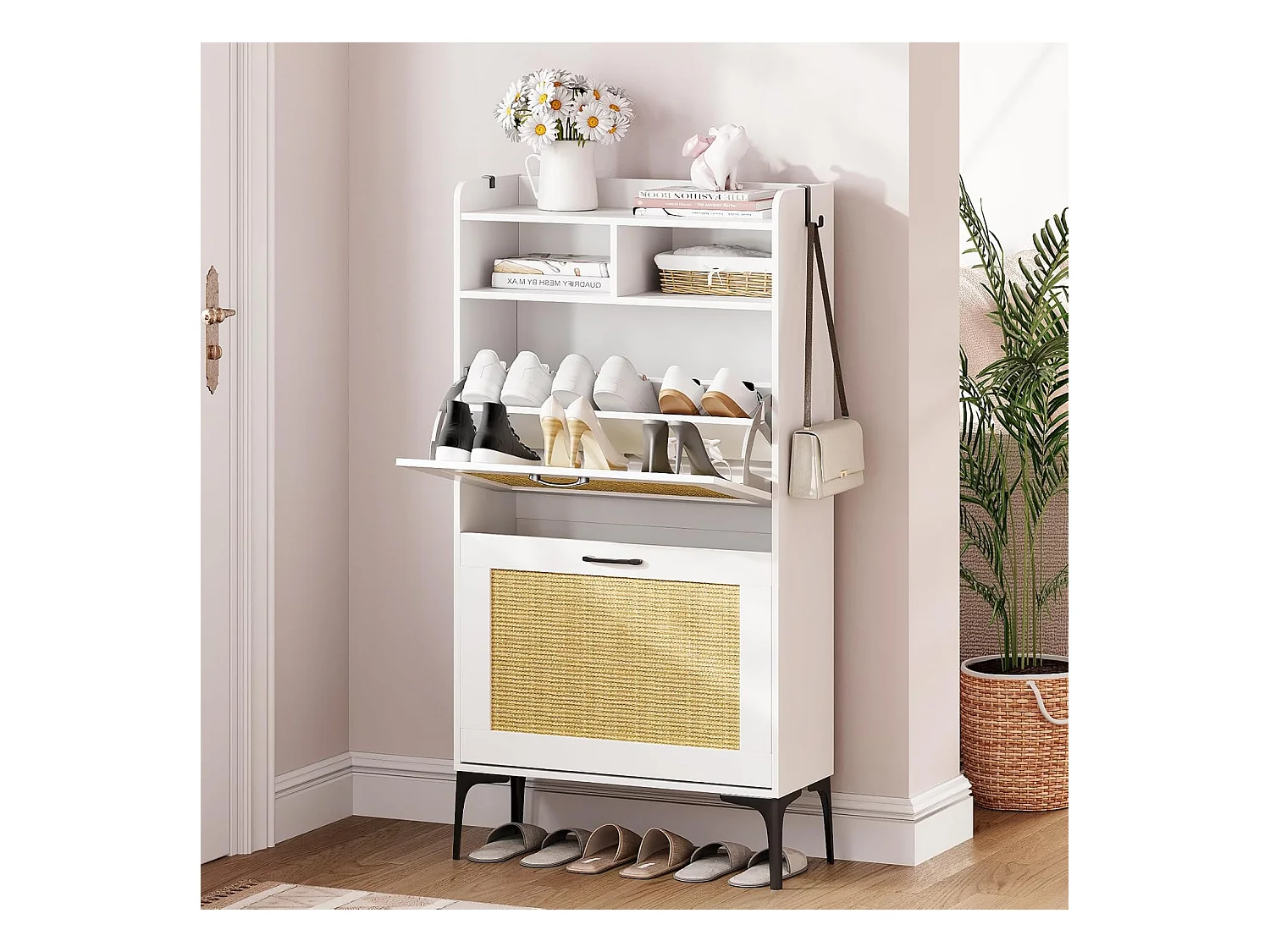 Armoire à chaussures Dripex avec décoration en rotin, dotée de 2 tiroirs à bascule et de pieds en métal, idéale pour entrée, couloir, salon, 24 x 60 x 114 cm