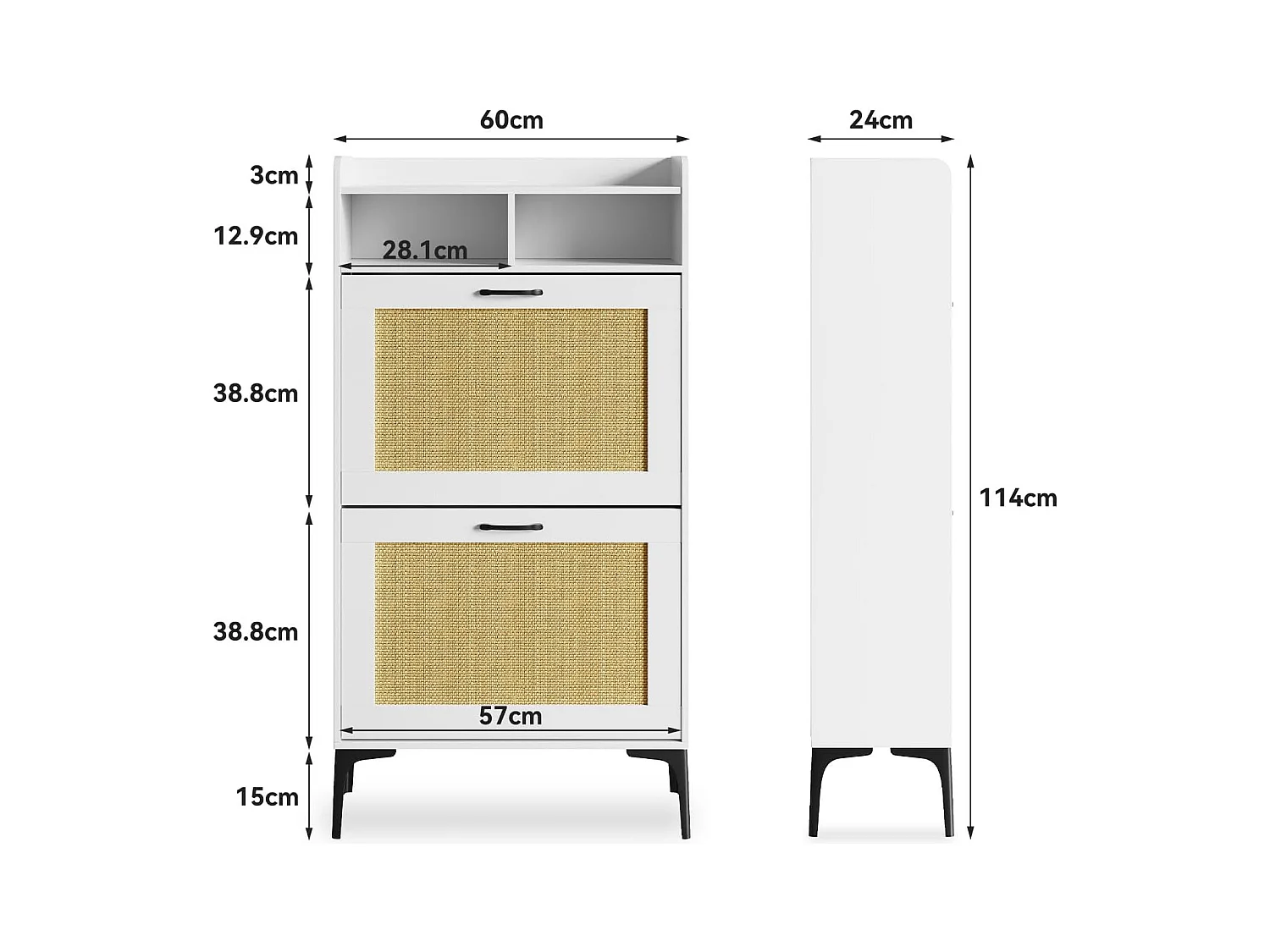 Armoire à chaussures Dripex avec décoration en rotin, dotée de 2 tiroirs à bascule et de pieds en métal, idéale pour entrée, couloir, salon, 24 x 60 x 114 cm