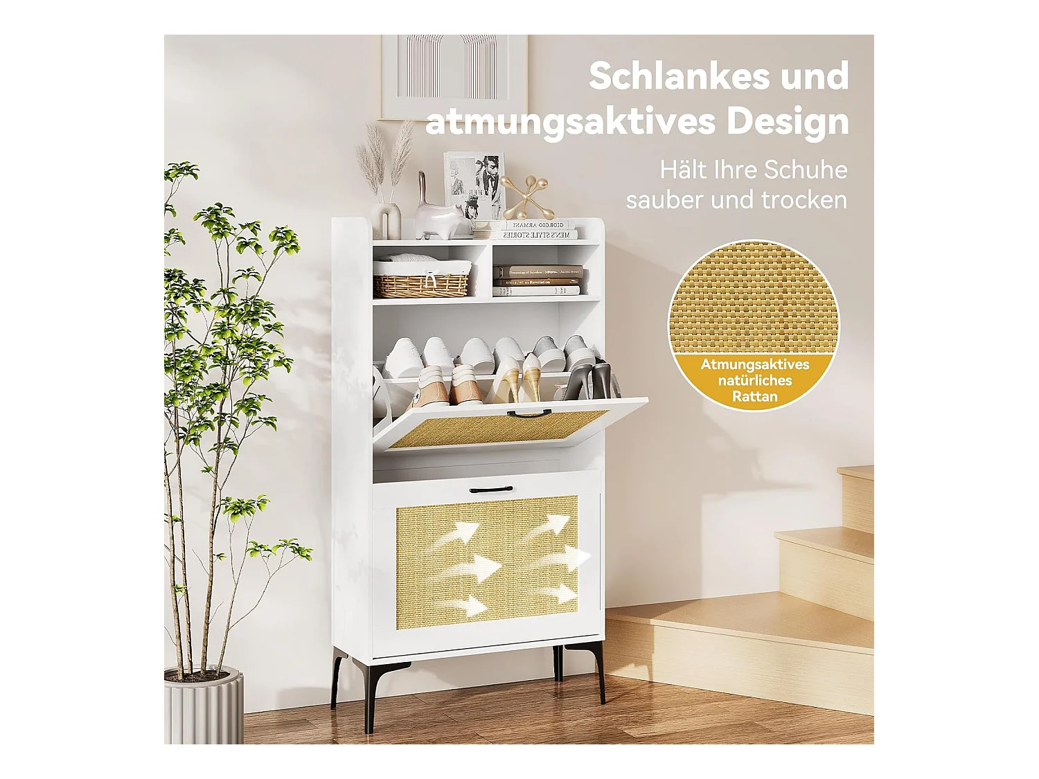 Armoire à chaussures Dripex avec décoration en rotin, dotée de 2 tiroirs à bascule et de pieds en métal, idéale pour entrée, couloir, salon, 24 x 60 x 114 cm