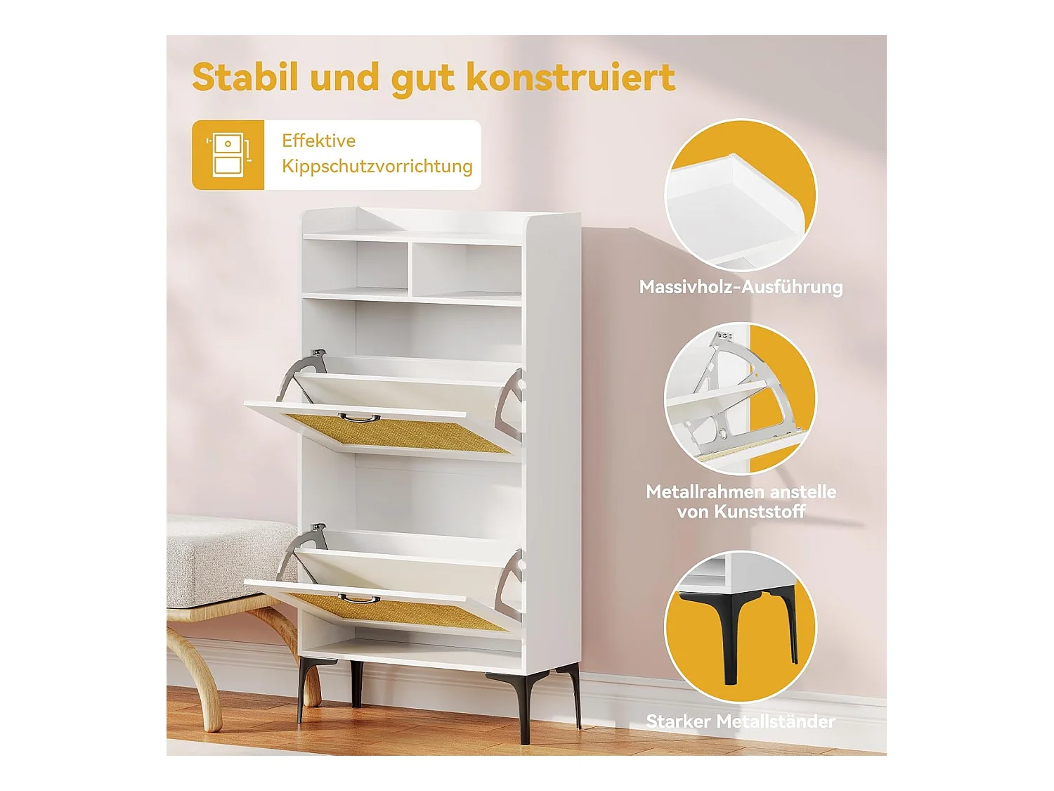 Armoire à chaussures Dripex avec décoration en rotin, dotée de 2 tiroirs à bascule et de pieds en métal, idéale pour entrée, couloir, salon, 24 x 60 x 114 cm