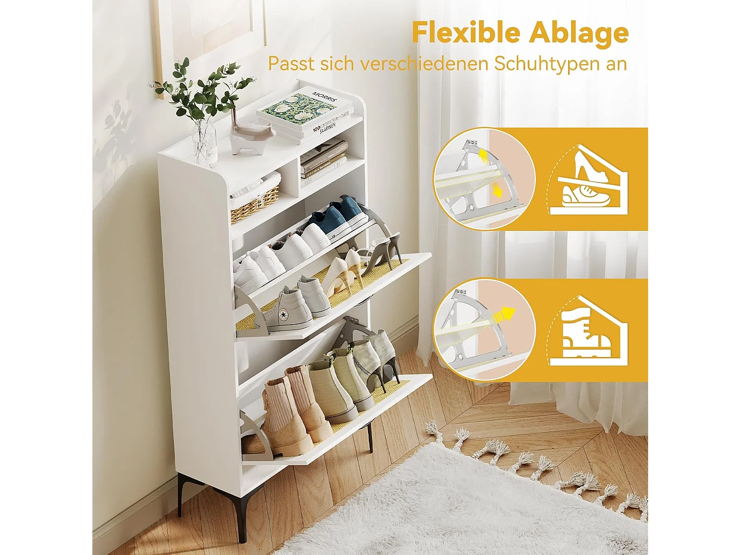 Armoire à chaussures Dripex avec décoration en rotin, dotée de 2 tiroirs à bascule et de pieds en métal, idéale pour entrée, couloir, salon, 24 x 60 x 114 cm