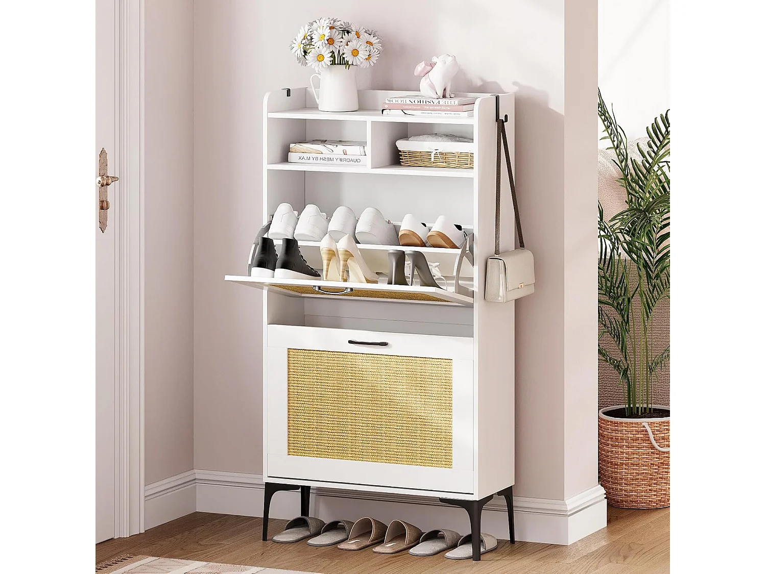 Armoire à chaussures Dripex avec décoration en rotin, dotée de 2 tiroirs à bascule et de pieds en métal, idéale pour entrée, couloir, salon, 24 x 60 x 114 cm