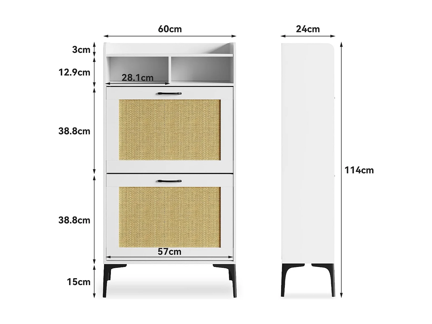 Armoire à chaussures Dripex avec décoration en rotin, dotée de 2 tiroirs à bascule et de pieds en métal, idéale pour entrée, couloir, salon, 24 x 60 x 114 cm
