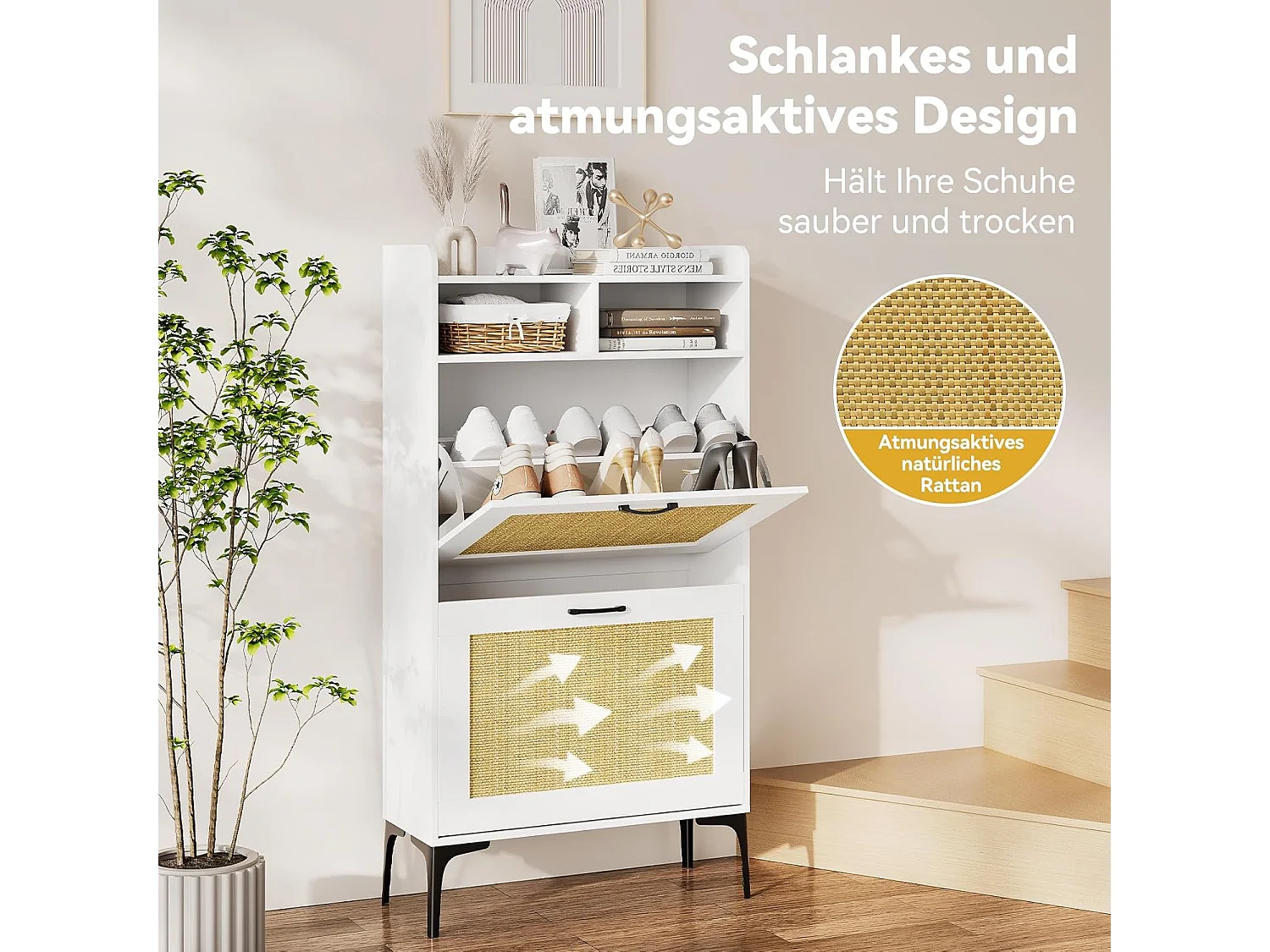 Armoire à chaussures Dripex avec décoration en rotin, dotée de 2 tiroirs à bascule et de pieds en métal, idéale pour entrée, couloir, salon, 24 x 60 x 114 cm