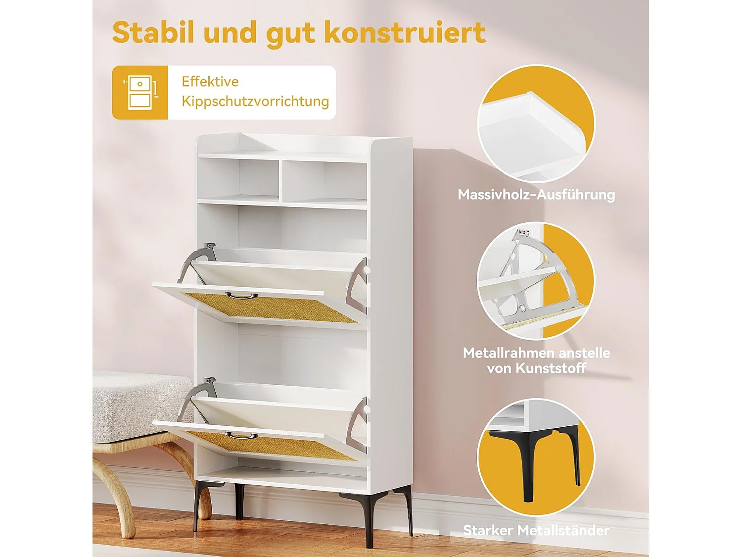 Armoire à chaussures Dripex avec décoration en rotin, dotée de 2 tiroirs à bascule et de pieds en métal, idéale pour entrée, couloir, salon, 24 x 60 x 114 cm