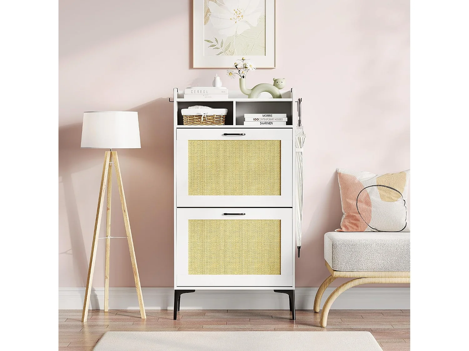 Armoire à chaussures Dripex avec décoration en rotin, dotée de 2 tiroirs à bascule et de pieds en métal, idéale pour entrée, couloir, salon, 24 x 60 x 114 cm