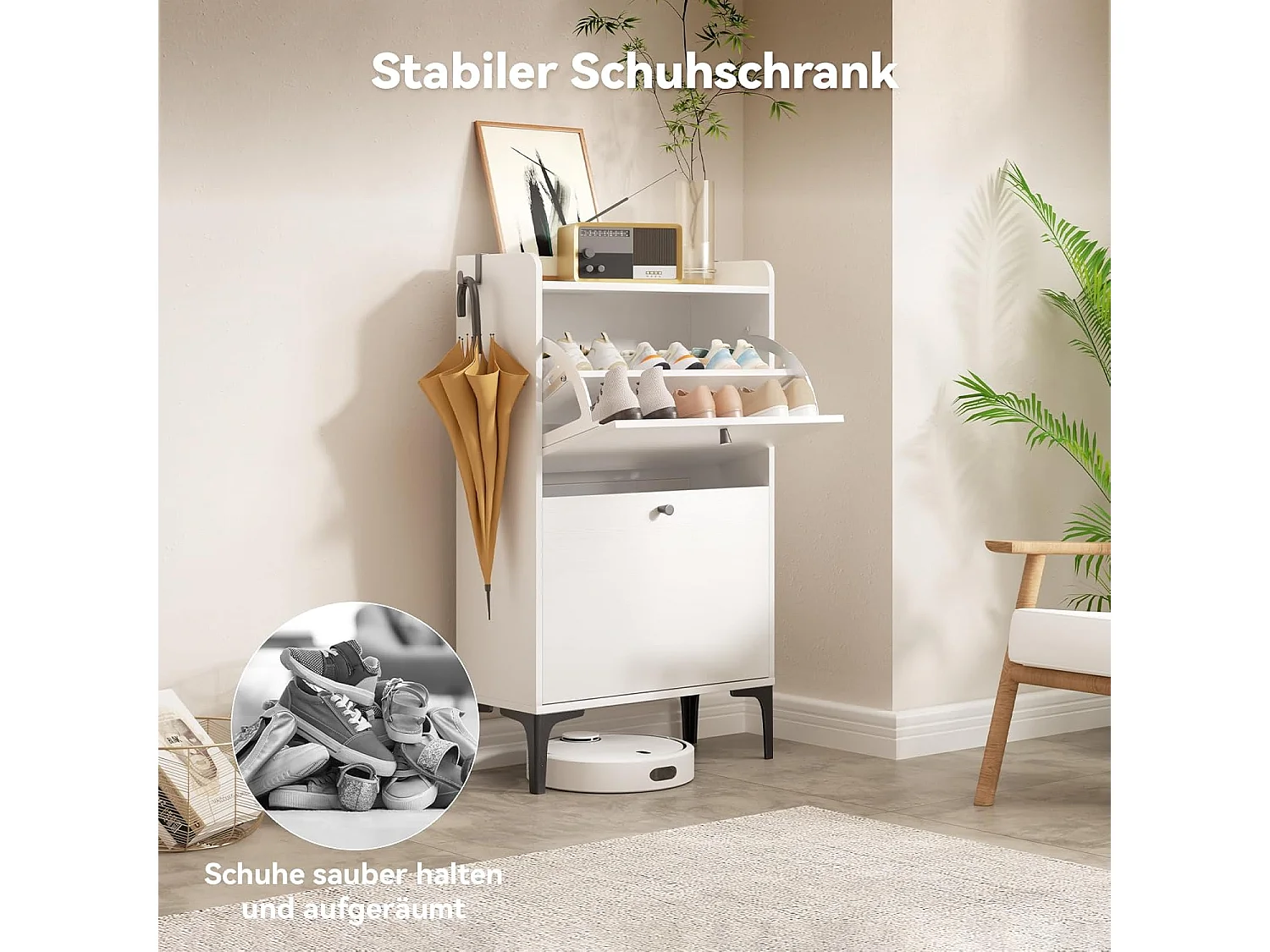 Armoire à chaussures Dripex avec 2 tiroirs à bascule et pieds en métal, pour entrée, couloir, salon ou porche, 60 x 24 x 100 cm, blanc