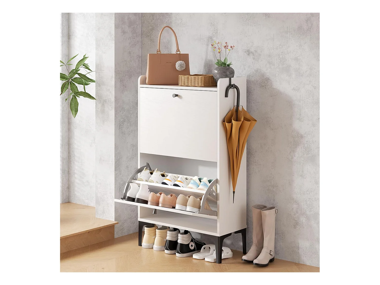 Armoire à chaussures Dripex avec 2 tiroirs à bascule et pieds en métal, pour entrée, couloir, salon ou porche, 60 x 24 x 100 cm, blanc