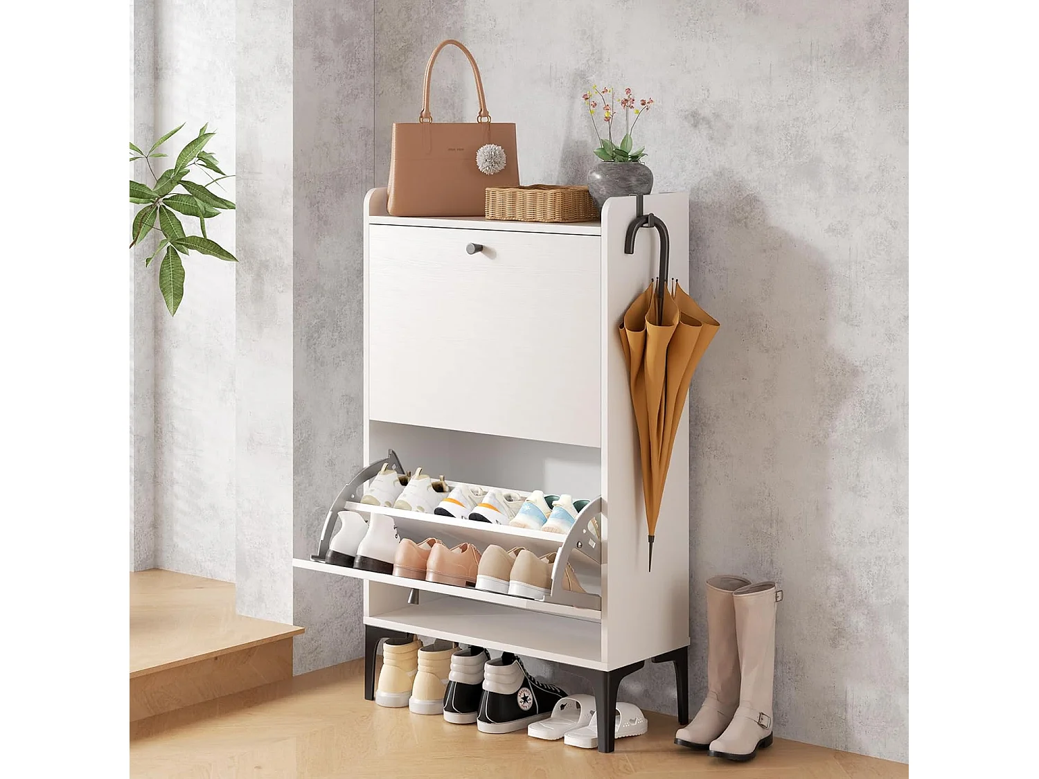 Scarpiera Dripex con 2 cassetti ribaltabili e piedini in metallo per ingresso, corridoio, soggiorno o veranda, 60 x 24 x 100 cm, bianco