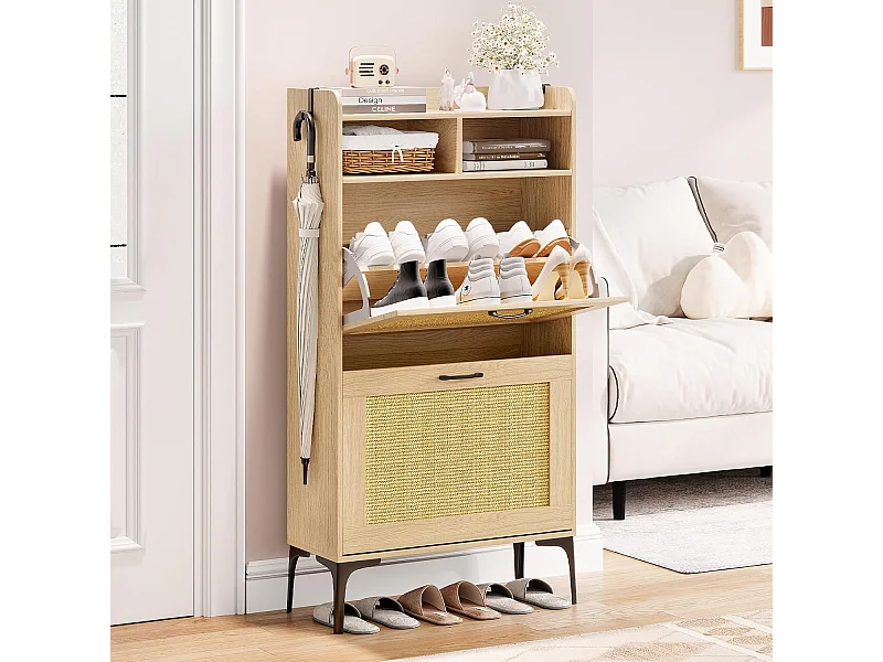 Dripex Schoenenkast met Rotan Decoratie, met 2 Klapbare Laden en Metalen Pootjes voor Entree, Hal, Woonkamer, 24 x 60 x 114 cm