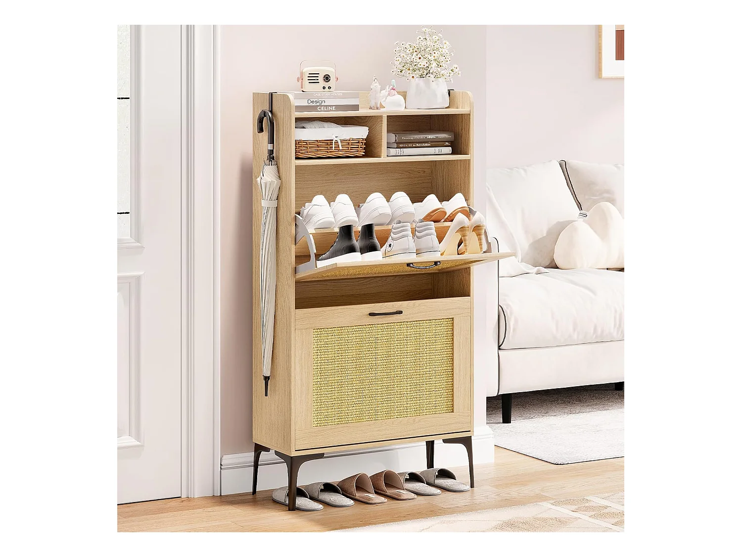 Scarpiera Dripex con decorazione in rattan, con 2 cassetti ribaltabili e piedini in metallo per ingresso, corridoio, soggiorno, 24 x 60 x 114 cm