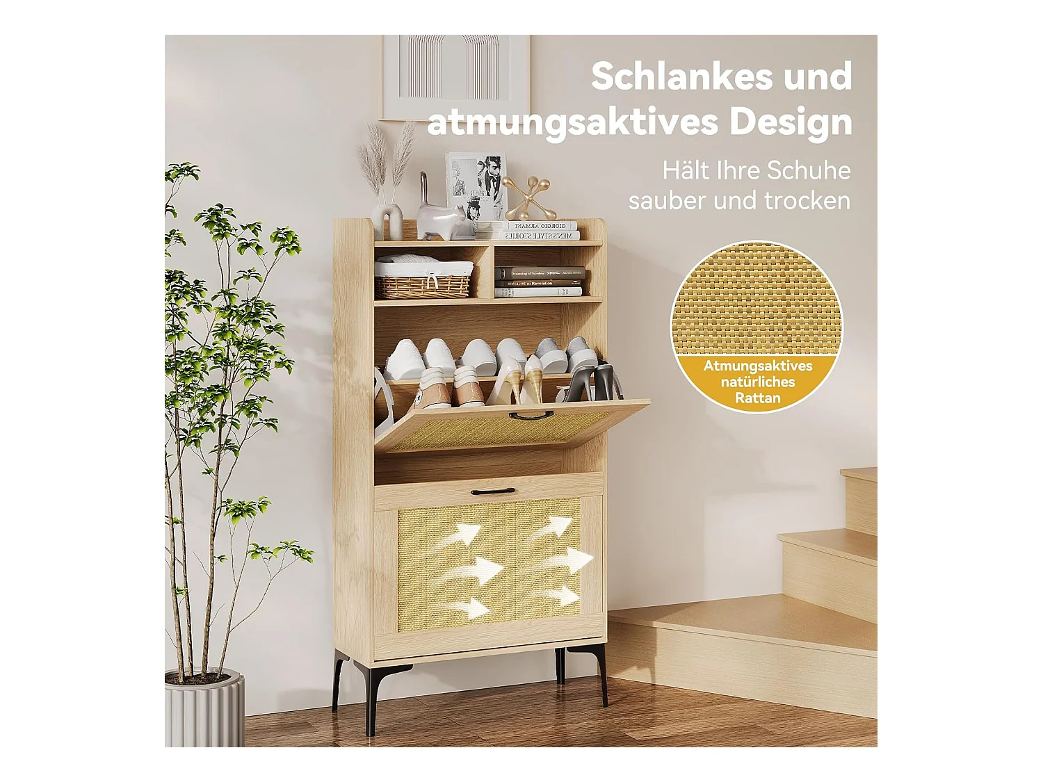 Scarpiera Dripex con decorazione in rattan, con 2 cassetti ribaltabili e piedini in metallo per ingresso, corridoio, soggiorno, 24 x 60 x 114 cm