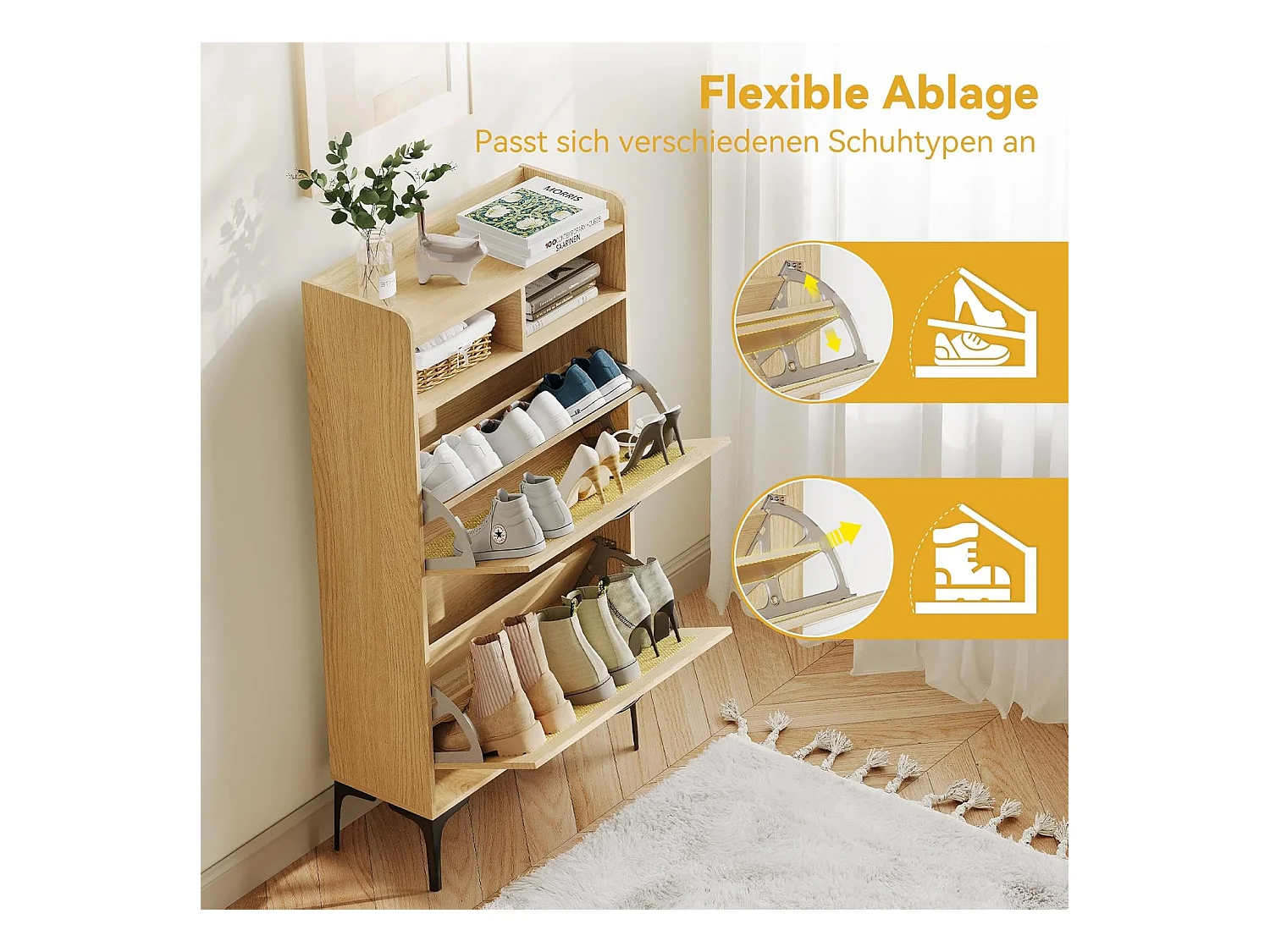 Scarpiera Dripex con decorazione in rattan, con 2 cassetti ribaltabili e piedini in metallo per ingresso, corridoio, soggiorno, 24 x 60 x 114 cm