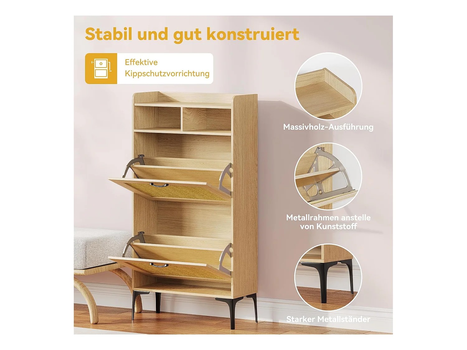 Scarpiera Dripex con decorazione in rattan, con 2 cassetti ribaltabili e piedini in metallo per ingresso, corridoio, soggiorno, 24 x 60 x 114 cm