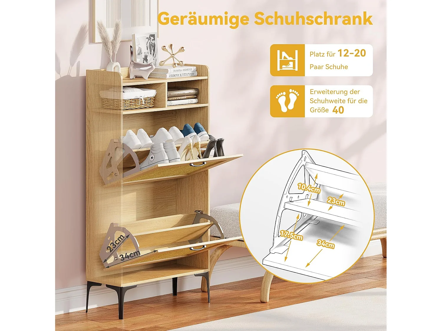 Scarpiera Dripex con decorazione in rattan, con 2 cassetti ribaltabili e piedini in metallo per ingresso, corridoio, soggiorno, 24 x 60 x 114 cm