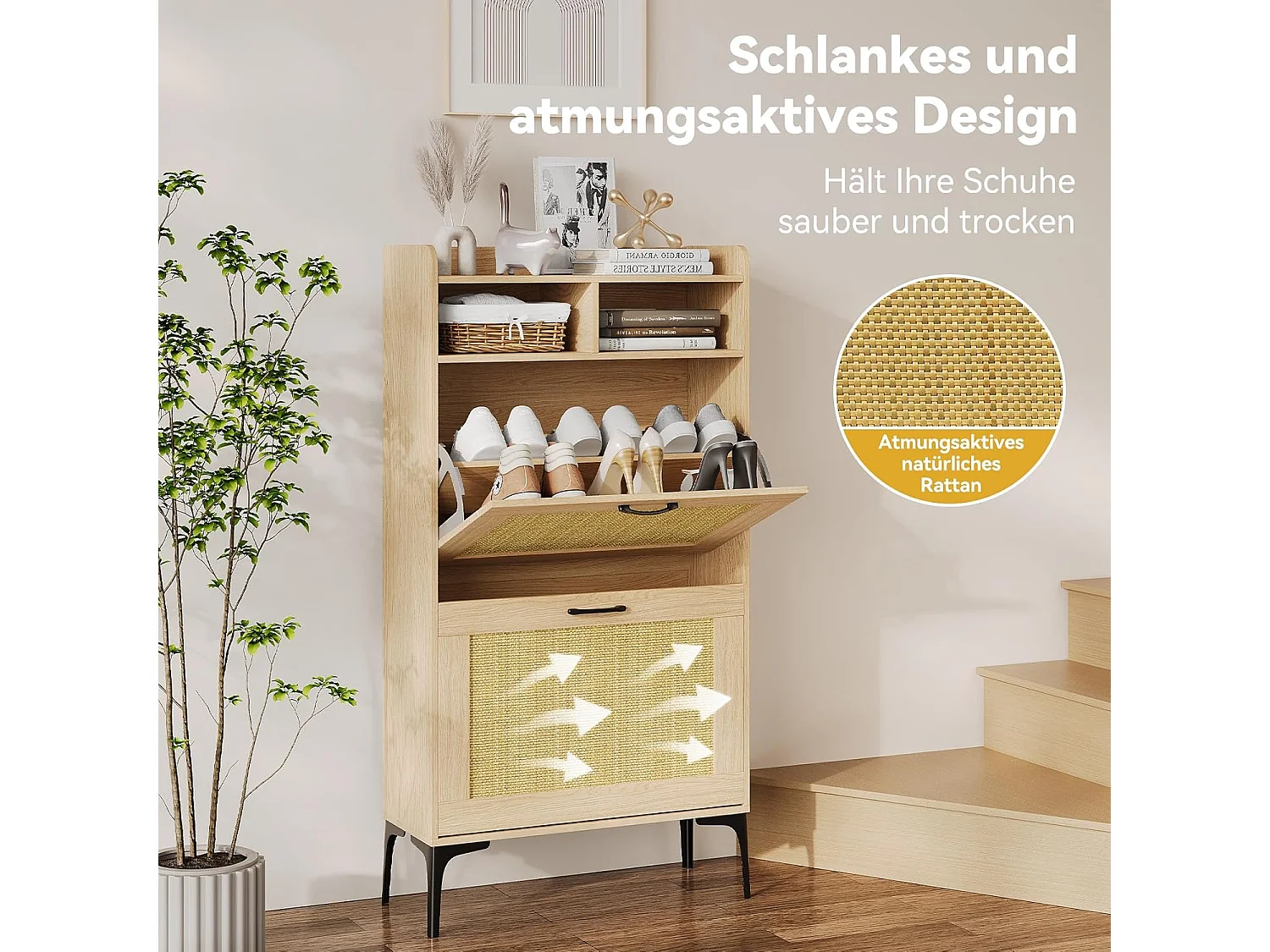 Scarpiera Dripex con decorazione in rattan, con 2 cassetti ribaltabili e piedini in metallo per ingresso, corridoio, soggiorno, 24 x 60 x 114 cm