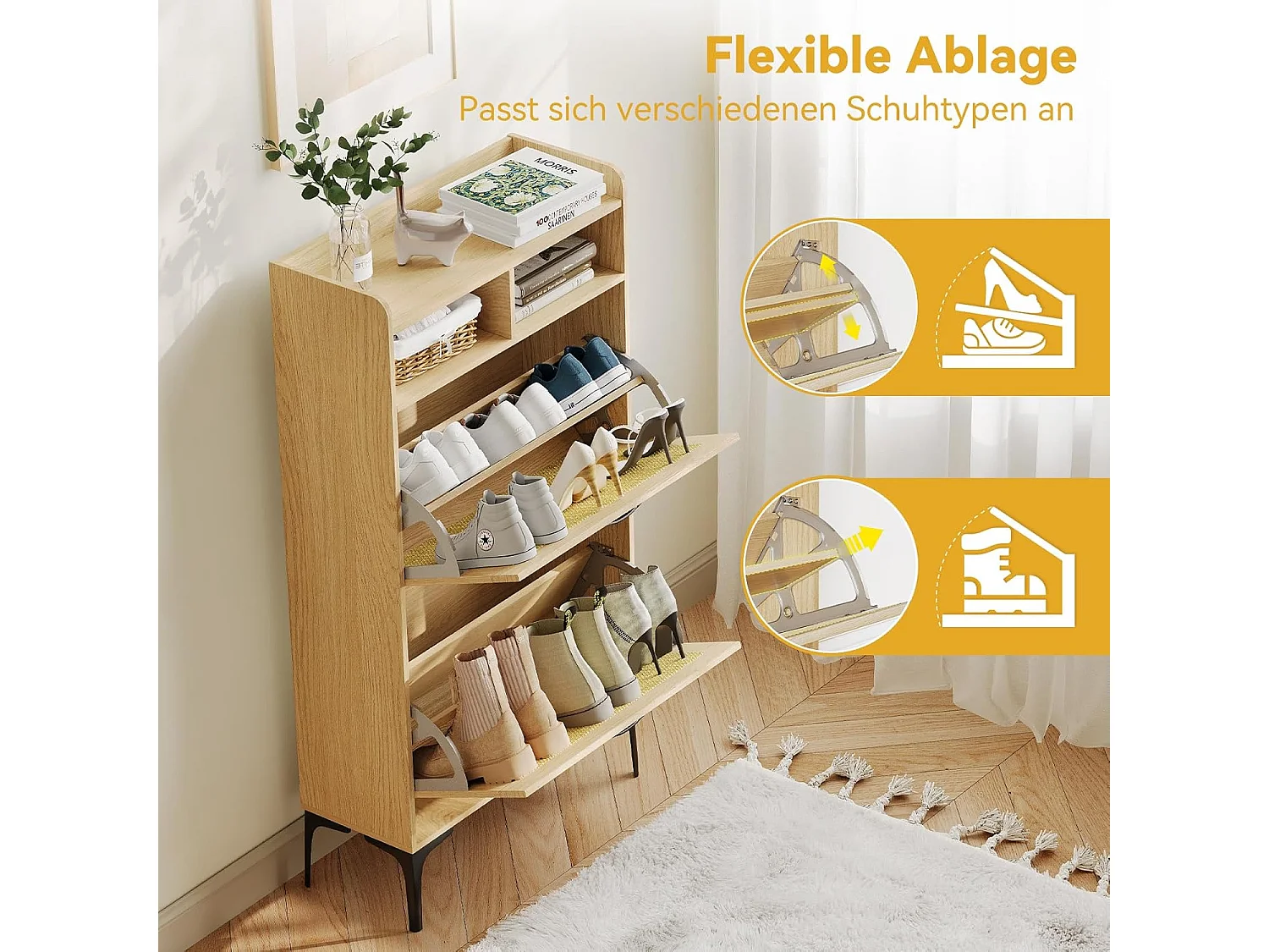 Scarpiera Dripex con decorazione in rattan, con 2 cassetti ribaltabili e piedini in metallo per ingresso, corridoio, soggiorno, 24 x 60 x 114 cm