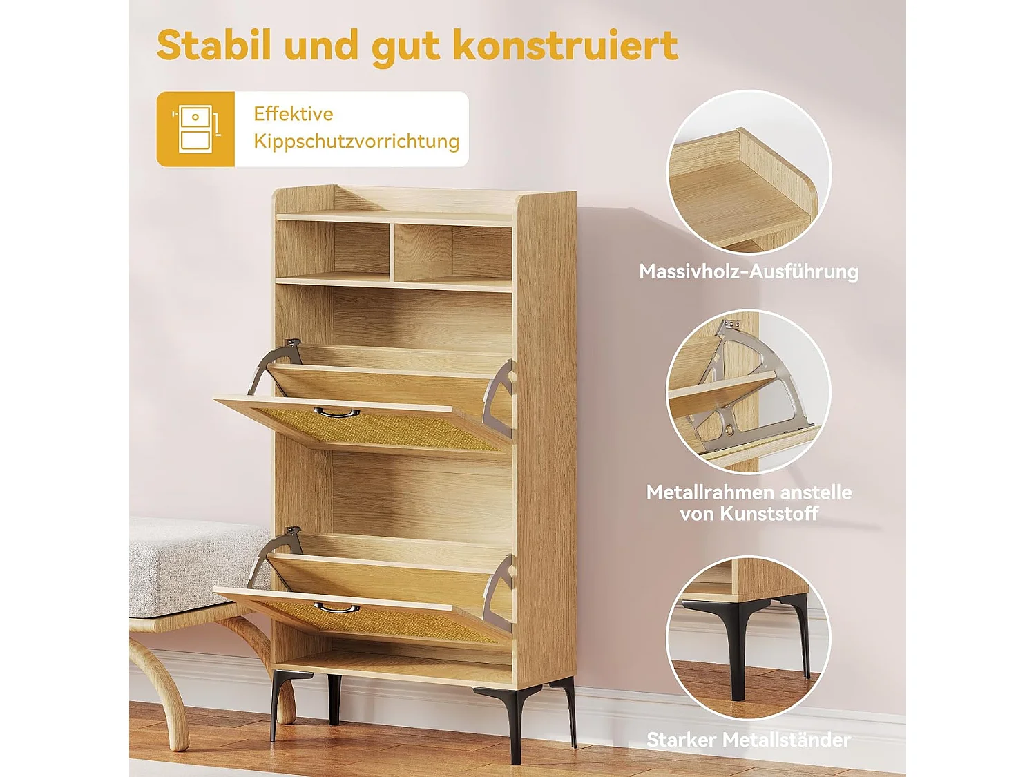 Scarpiera Dripex con decorazione in rattan, con 2 cassetti ribaltabili e piedini in metallo per ingresso, corridoio, soggiorno, 24 x 60 x 114 cm