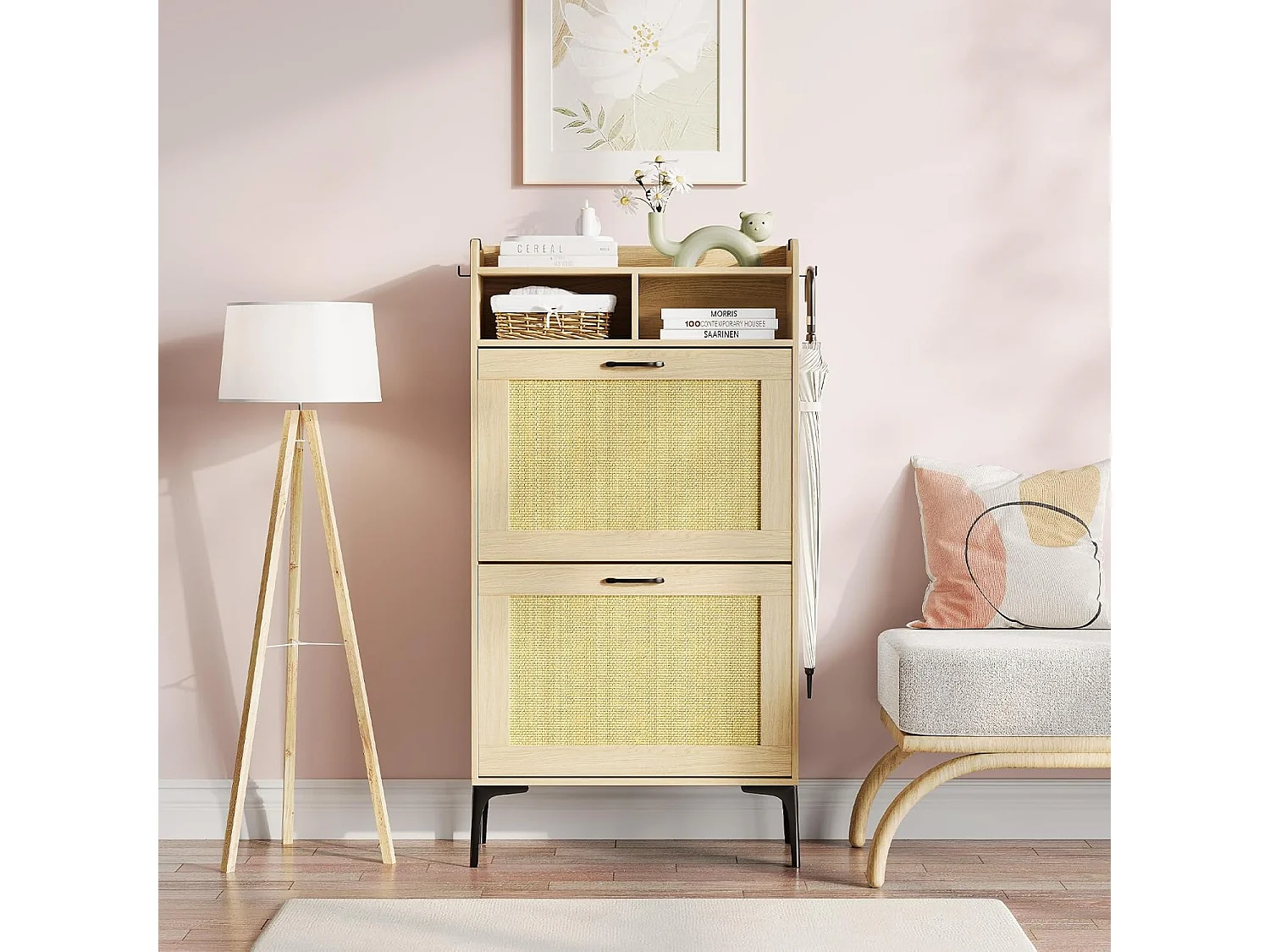 Scarpiera Dripex con decorazione in rattan, con 2 cassetti ribaltabili e piedini in metallo per ingresso, corridoio, soggiorno, 24 x 60 x 114 cm