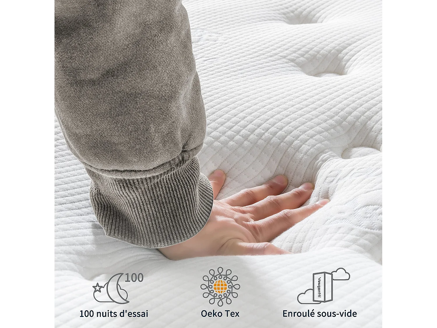 Vesgantti Boxtop Matelas 90x200cm, 26cm Épais, Matelas Hybride Luxe, Ressorts Ensachés & Mousse Mémoire, 7 Zones Confort Multicouches