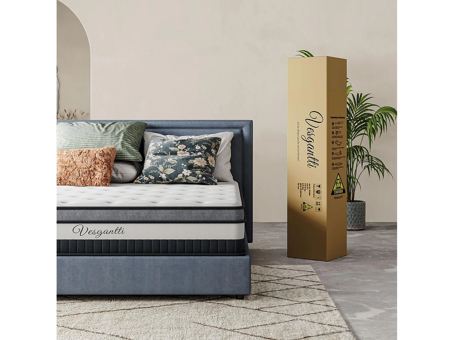 Vesgantti Boxtop Matelas 90x200cm, 26cm Épais, Matelas Hybride Luxe, Ressorts Ensachés & Mousse Mémoire, 7 Zones Confort Multicouches