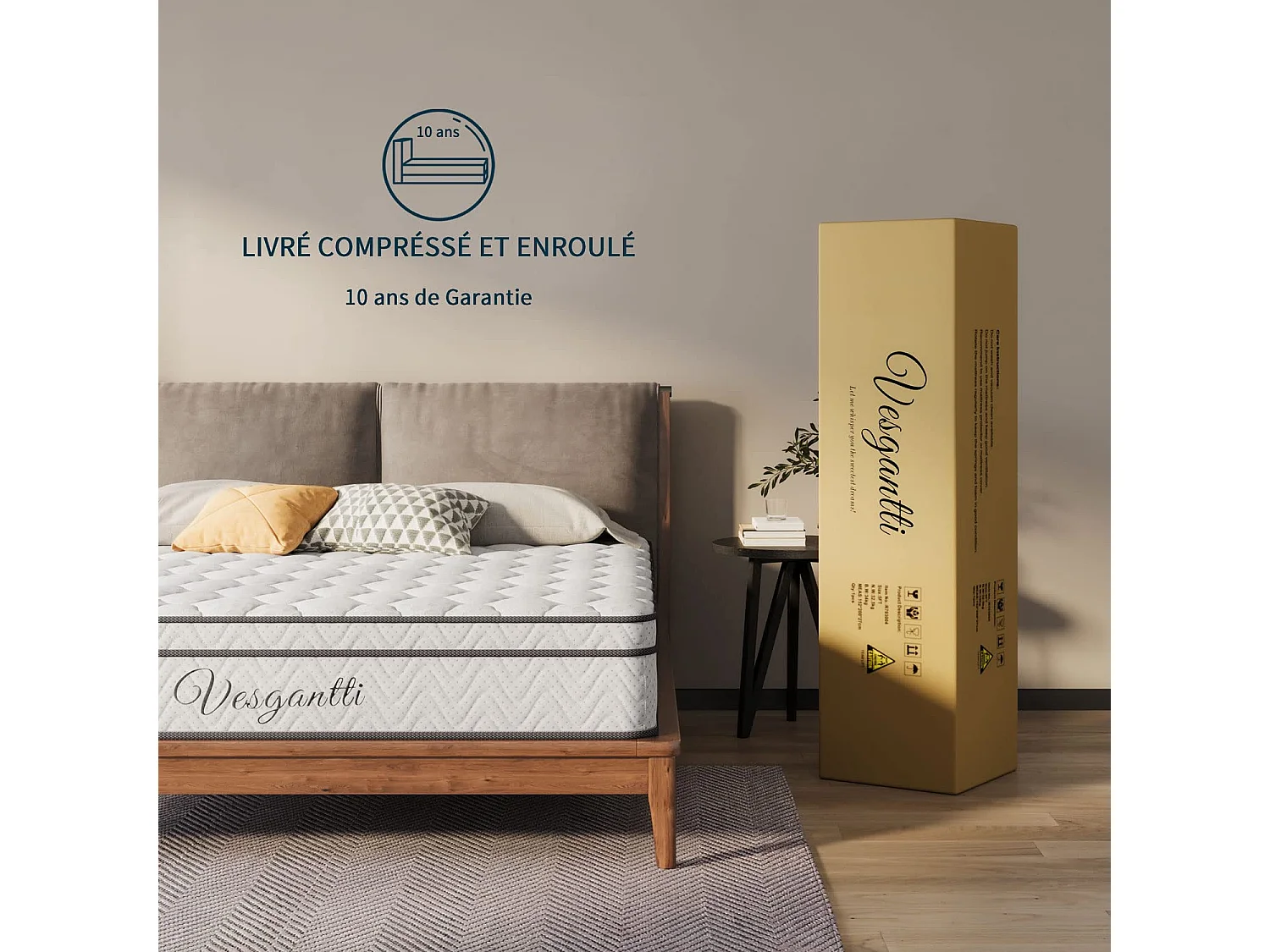 Matelas Boxtop 140x190cm, Épaisseur 22cm, Ressorts Ensachés & Mousse Mémoire, Multicouches Confort 7 Zones, Lit Adulte, Style Classique