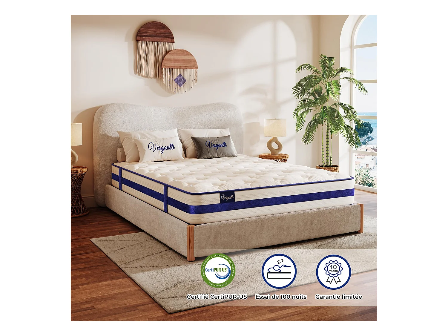 Matelas Épaisseur 90x200x26cm Blue Velvet Hybrid Ressorts Ensachés & Mousse Gel Mémoire Confort 7 Zones Multicouches Certifié Oeko-Tex
