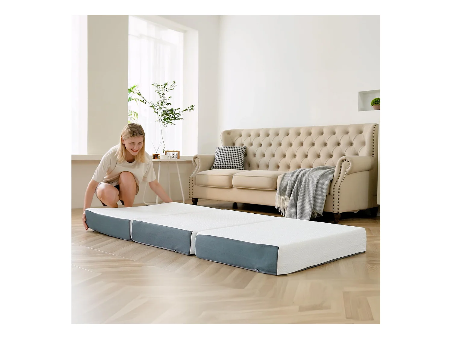 Matelas Pliable 140x190x15cm Mousse Mémoire Gel Lit d'Appoint 1 Personne Idéal pour Sol Voiture Camping Voyage avec Sac de Rangement