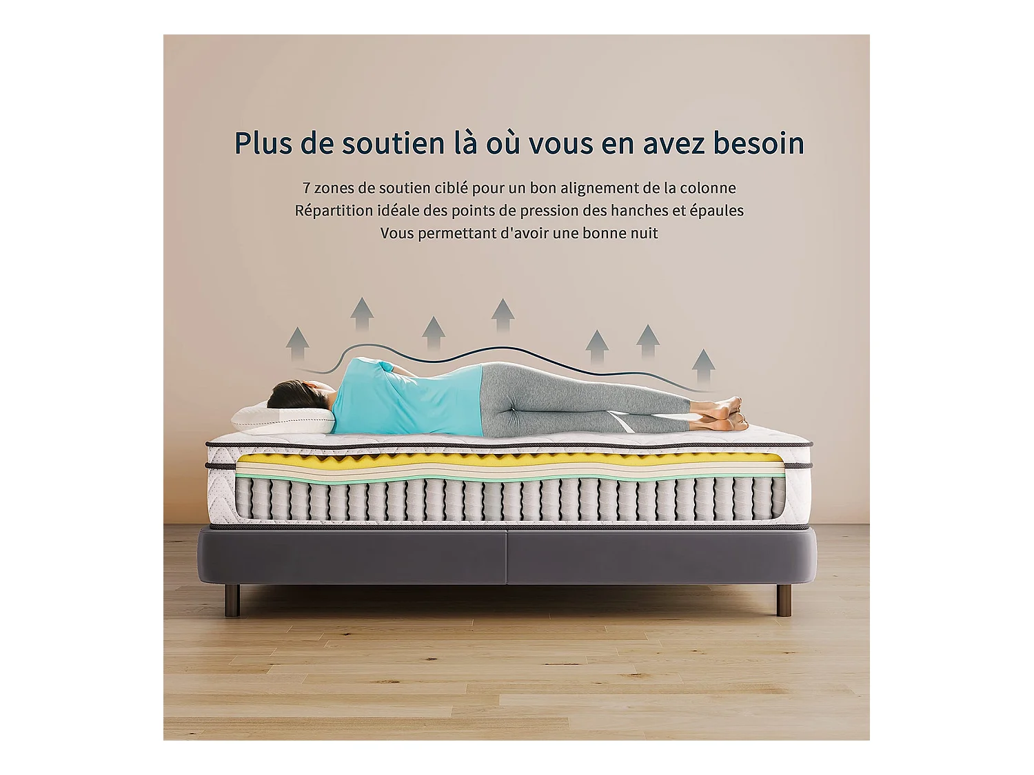 Matelas Boxtop 120x190cm, Épaisseur 26cm, Ressorts Ensachés & Mousse Mémoire, Multicouches Confort 7 Zones, Lit Adulte, Style Classique