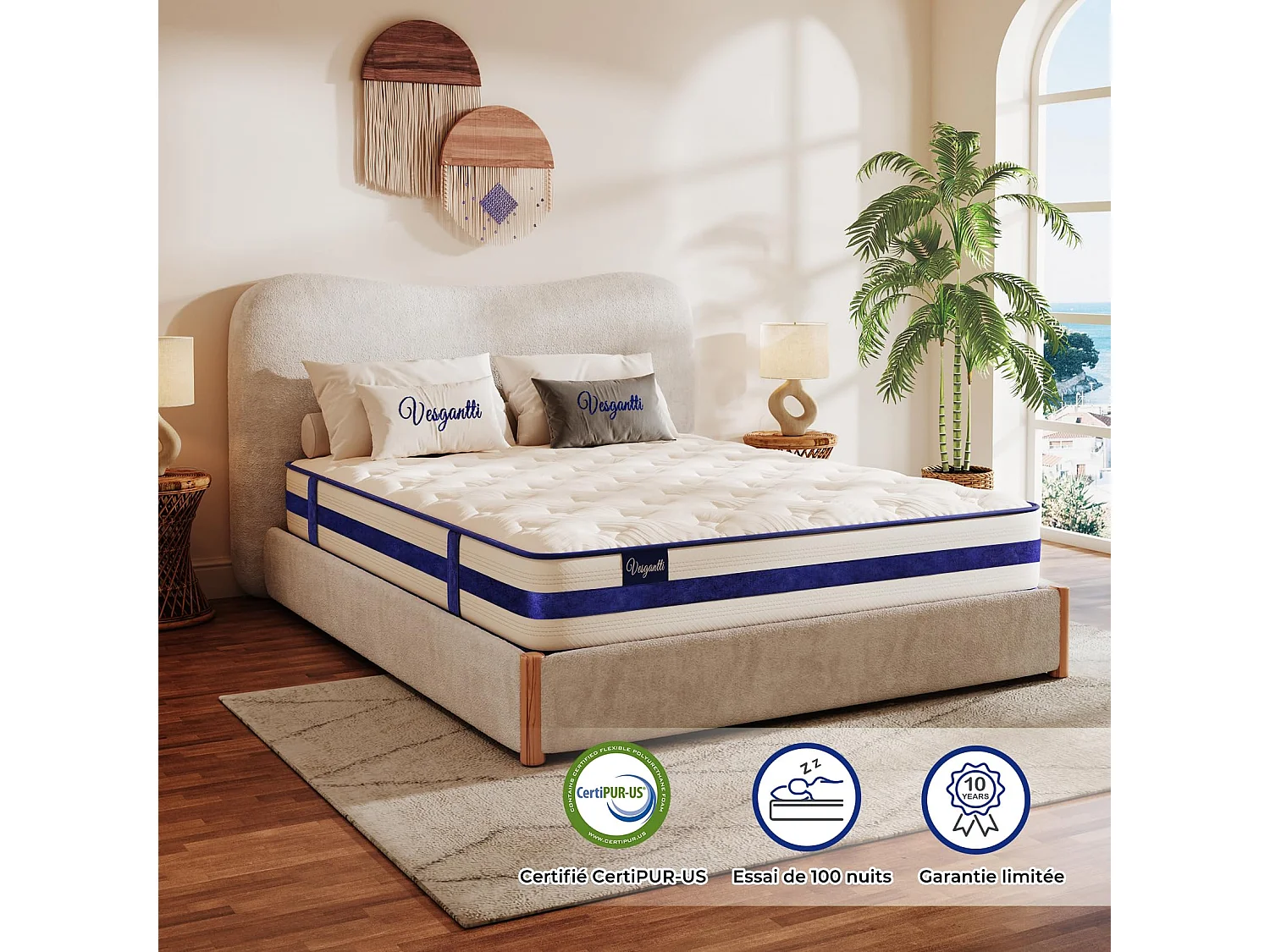 Matelas Épaisseur 140x190x26cm Blue Velvet Hybrid Ressorts Ensachés & Mousse Gel Mémoire Confort 7 Zones Multicouches Certifié Oeko-Tex