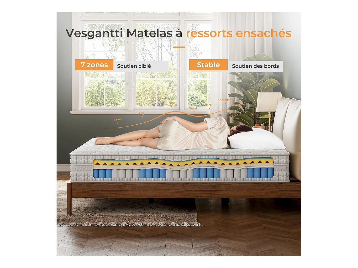 Matelas Hybride Épaisseur 160x200x24cm Ressorts Ensachés & Mousse Mémoire Soutien Optimal & Soulagement Pression Certifié CertiPUR-US