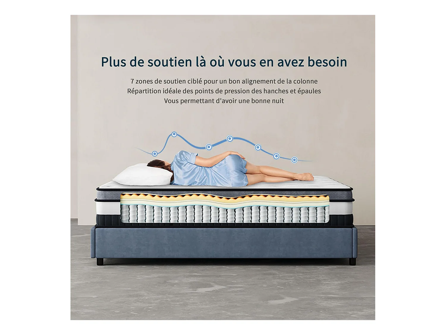 Matelas Boxtop 90x200cm, Épaisseur 30cm, Nova Luxe Hybride, Ressorts Ensachés & Mousse Mémoire, Confort 7 Zones, Multicouches Haut de Gamme