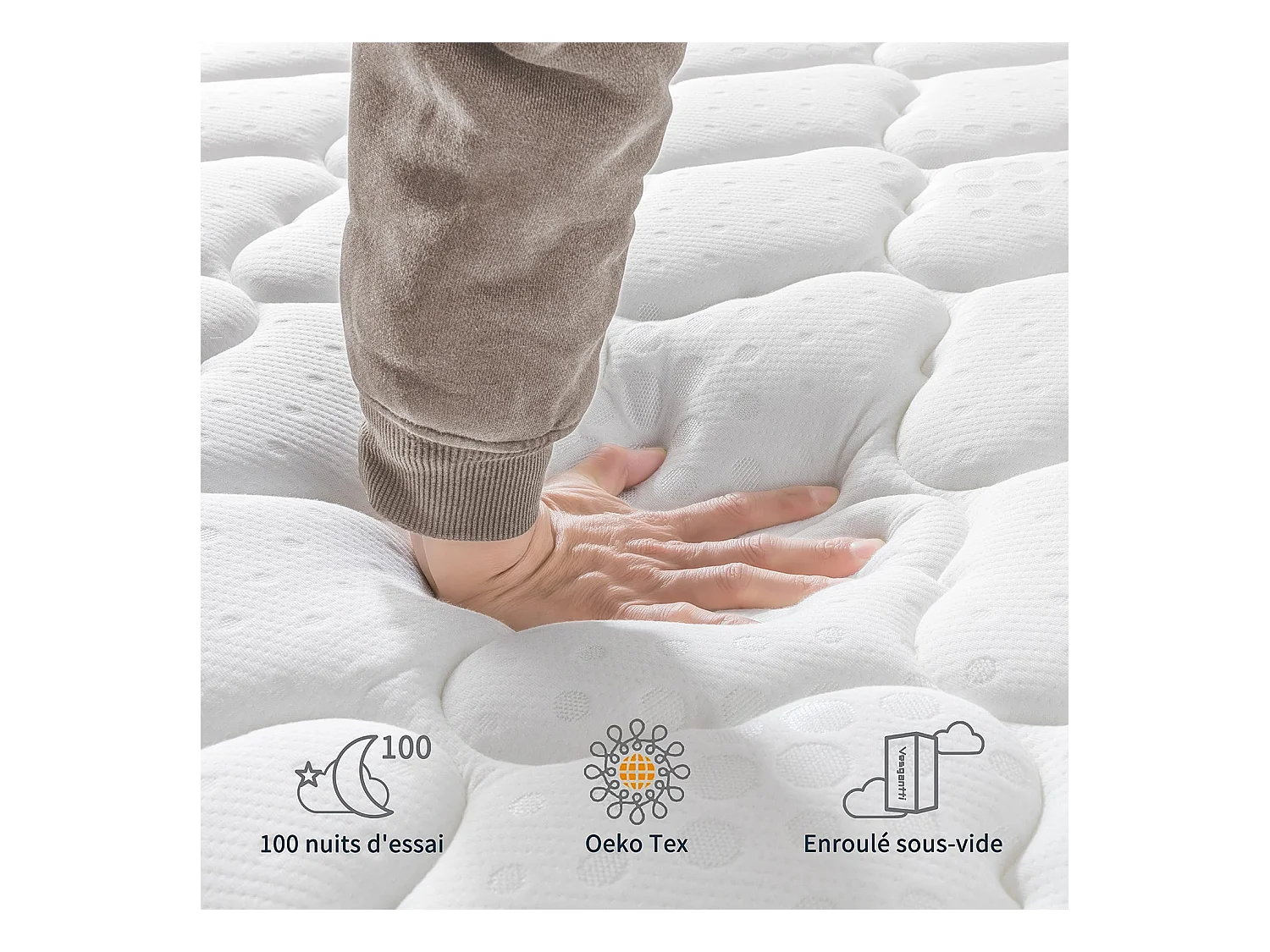 Matelas Boxtop 90x190cm, Épaisseur 22cm, Ressorts Ensachés & Mousse Mémoire, Multicouches Confort 7 Zones, Lit Adulte, Style Classique