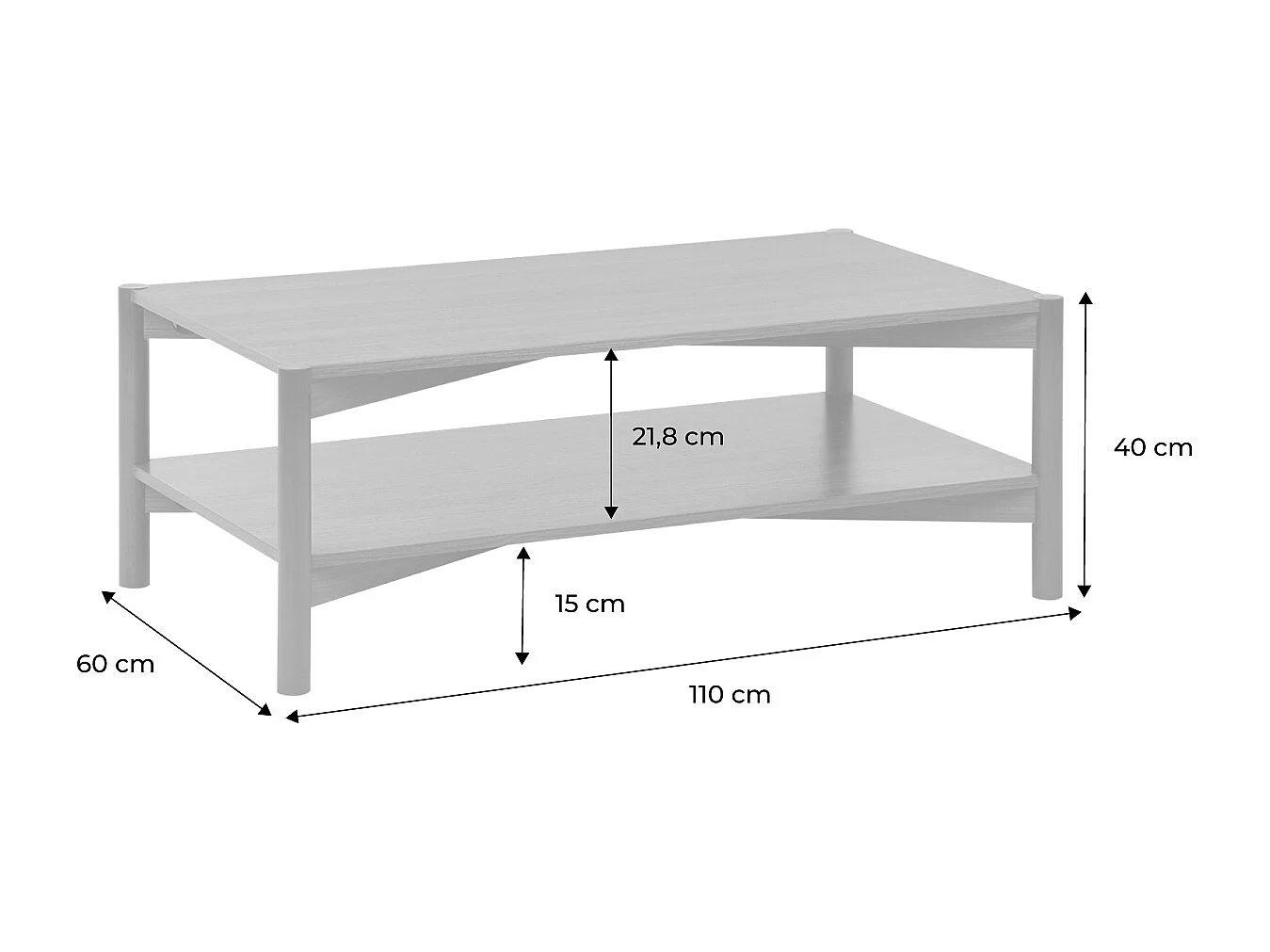 Mesa de centro rectangular con doble estante, 110cm nogal