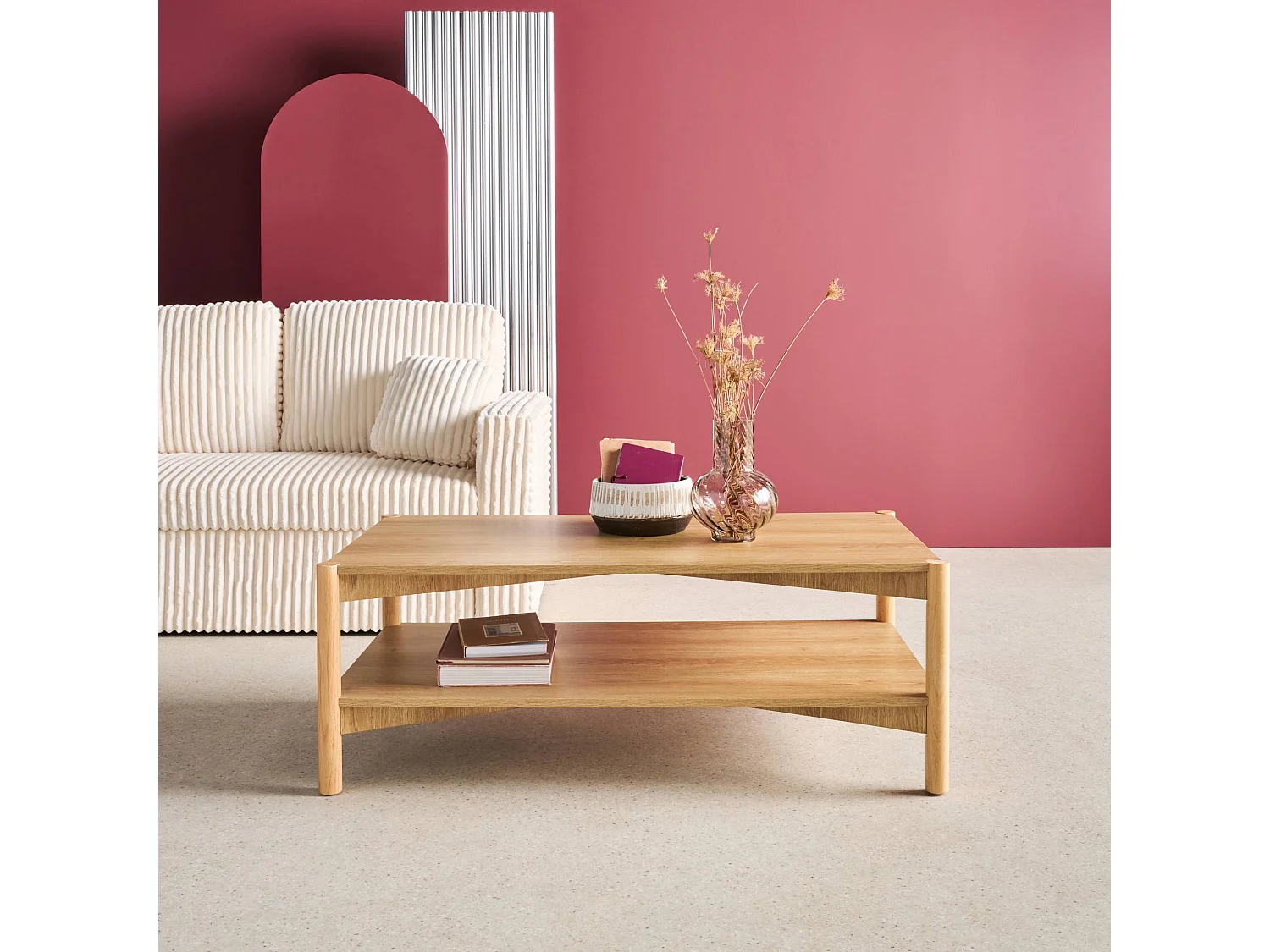 Table basse rectangulaire décor bois double plateau 110cm naturel - Harmony